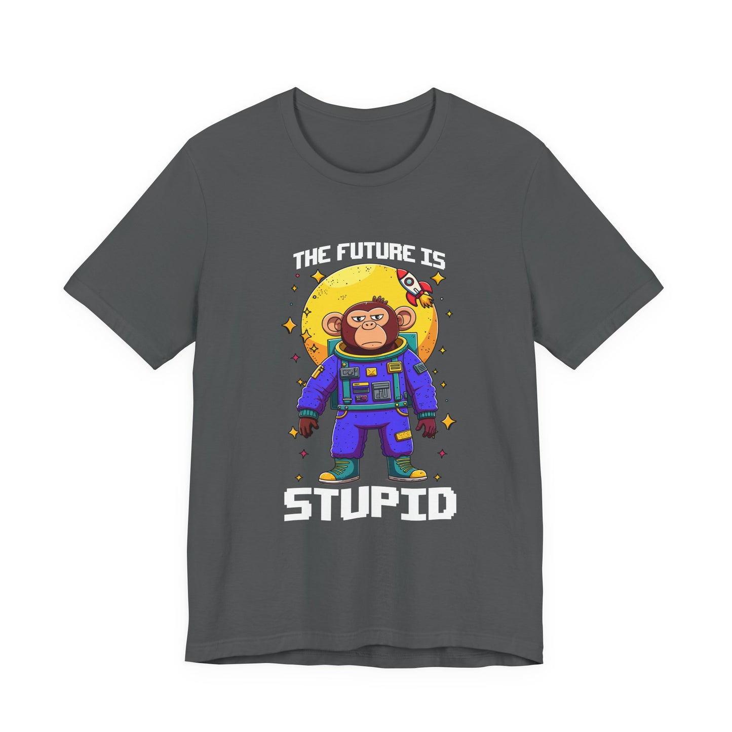 The Future Is Stupid Tshirt – Monkey in Colorful Spacesuit with Stars & Rocket Graphic