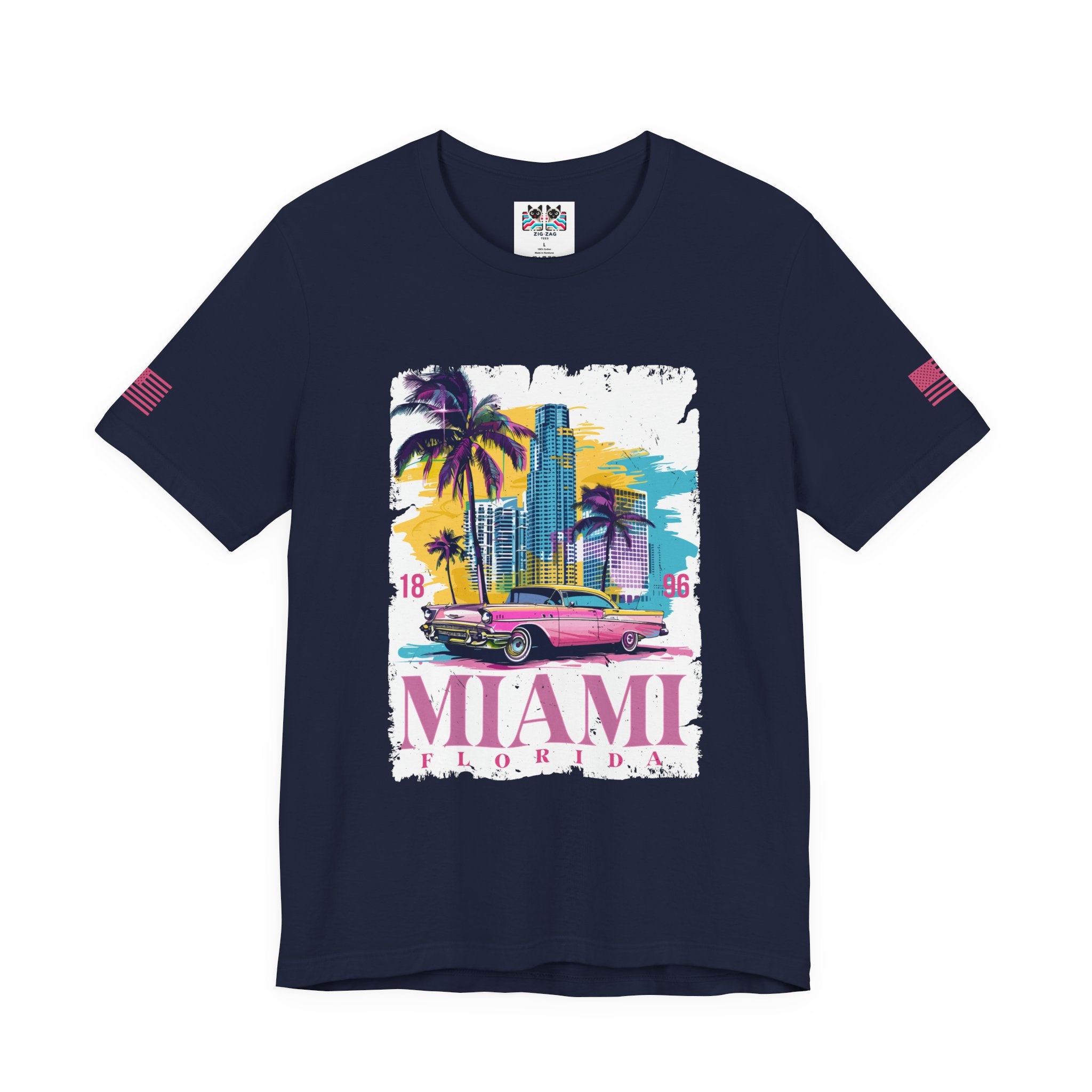 Miami Florida 1896 T-Shirt – Pink Classic Car Palm Tree Skyline Colorful Graphic Tee