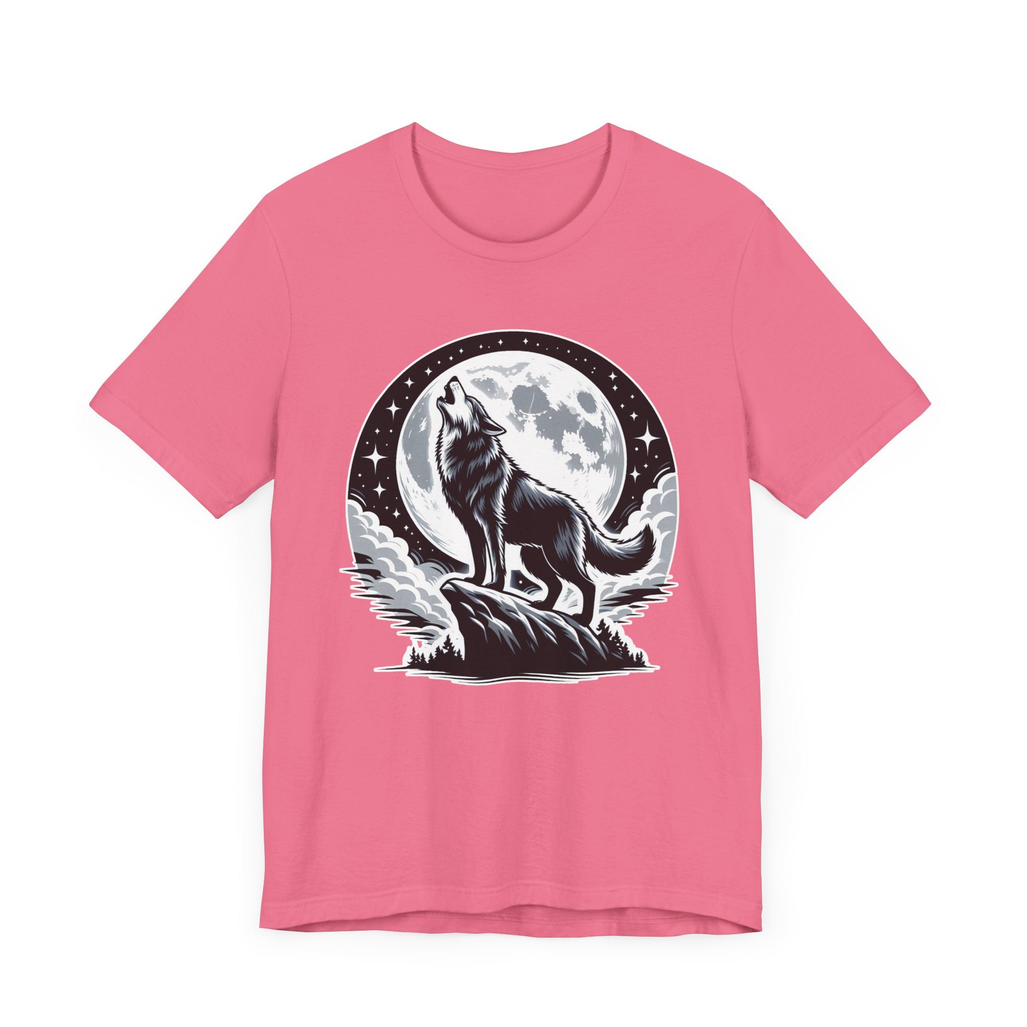 Mystical and Wild - Wolf Howling on Mountain Edge with Full Moon and Stars Graphic T-Shirt