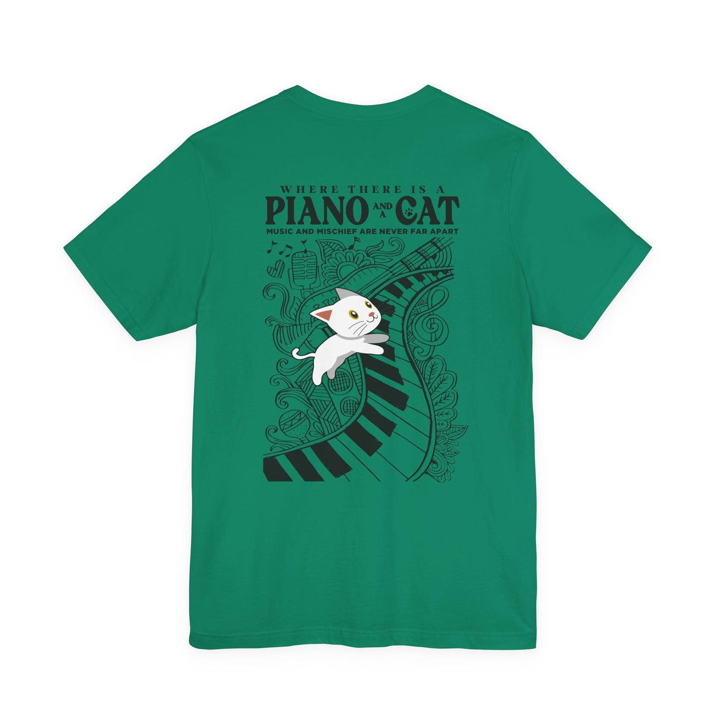 Music and Mischief T-Shirt – Piano and Playful Cat Graphic