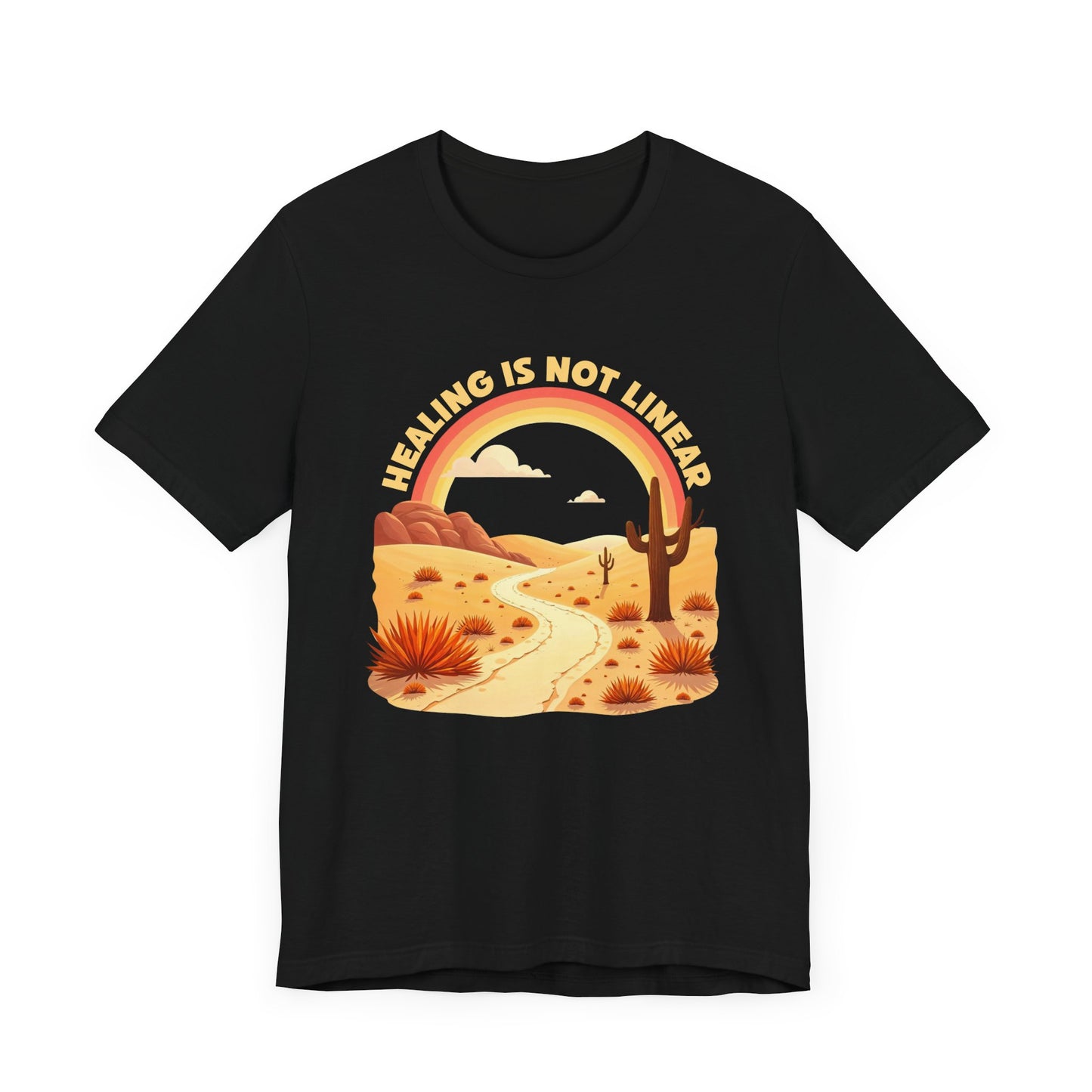 Healing Is Not Linear – Warm Desert Rainbow & Winding Road Graphic T-Shirt