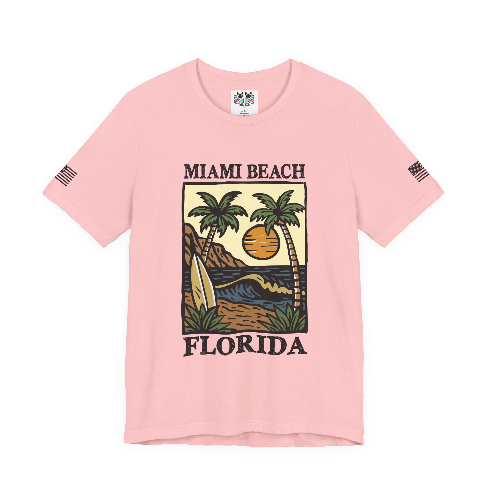 Miami Beach Florida T-Shirt – Illustrated Surfboard Palm Tree Sunset Beach Scene Tee