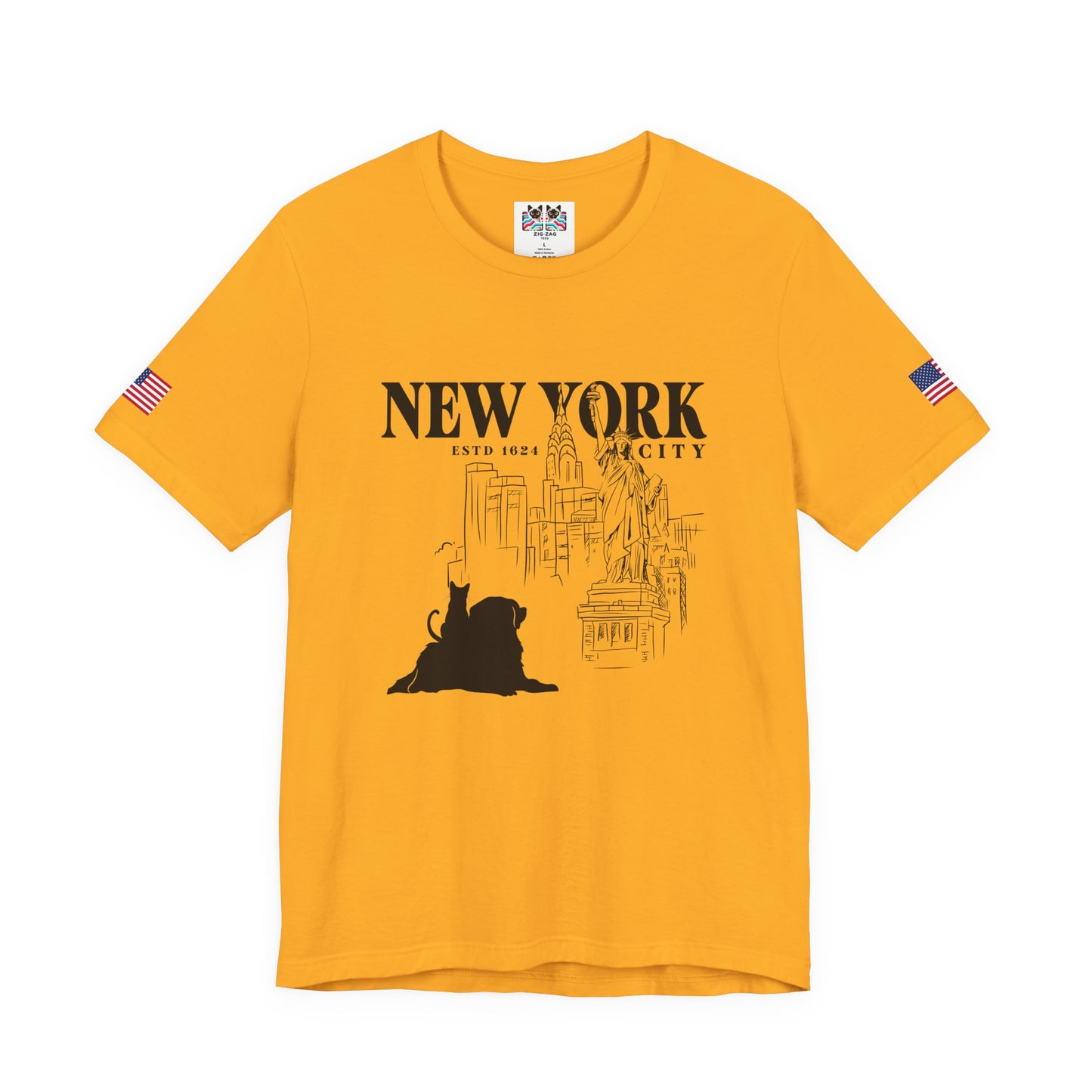 New York City Cat Dog T-Shirt - NYC Est. 1624 Sketch Art with Brooklyn Bridge & Liberty