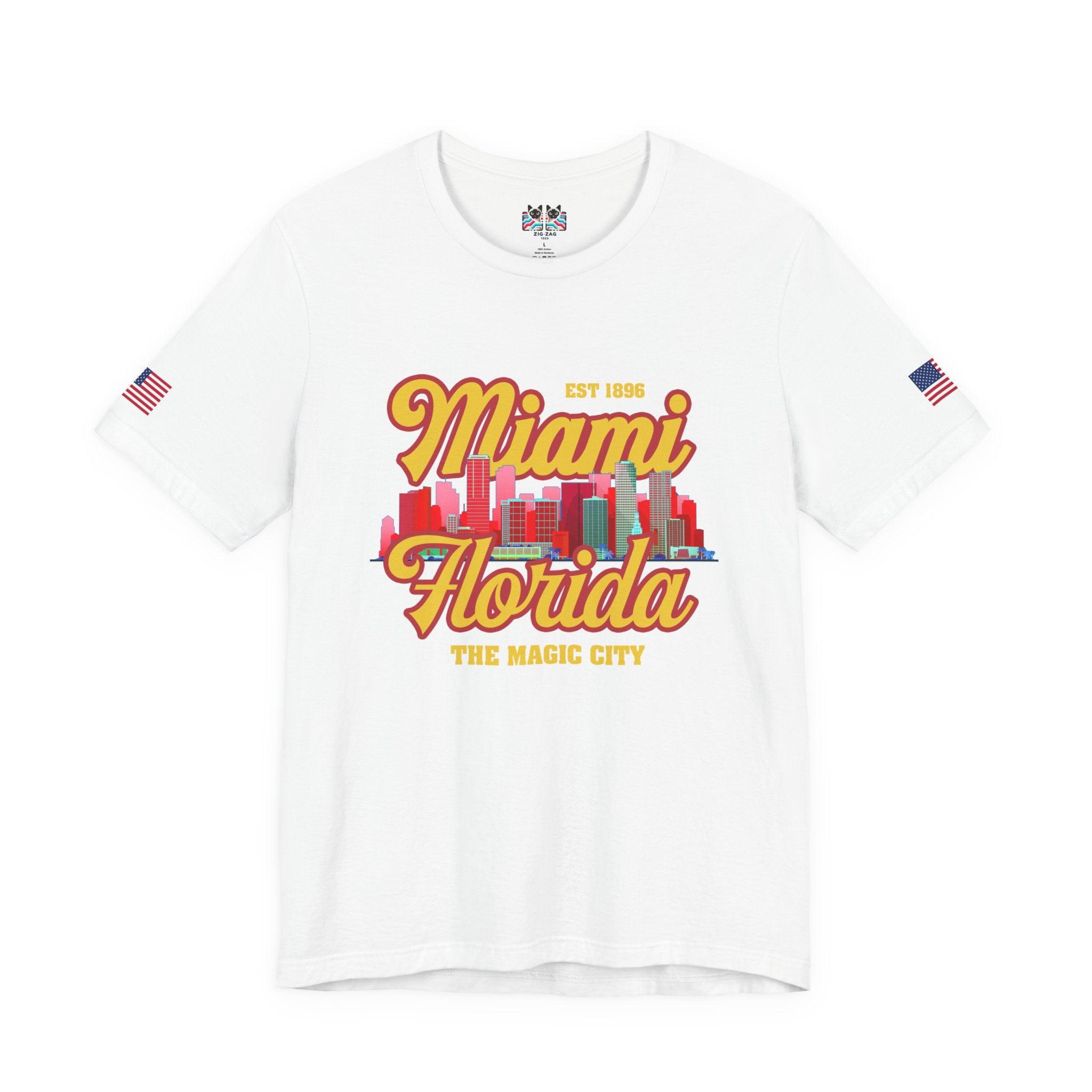 Miami Florida EST 1896 The Magic City T-Shirt – Retro Script Colorful Skyline Tee