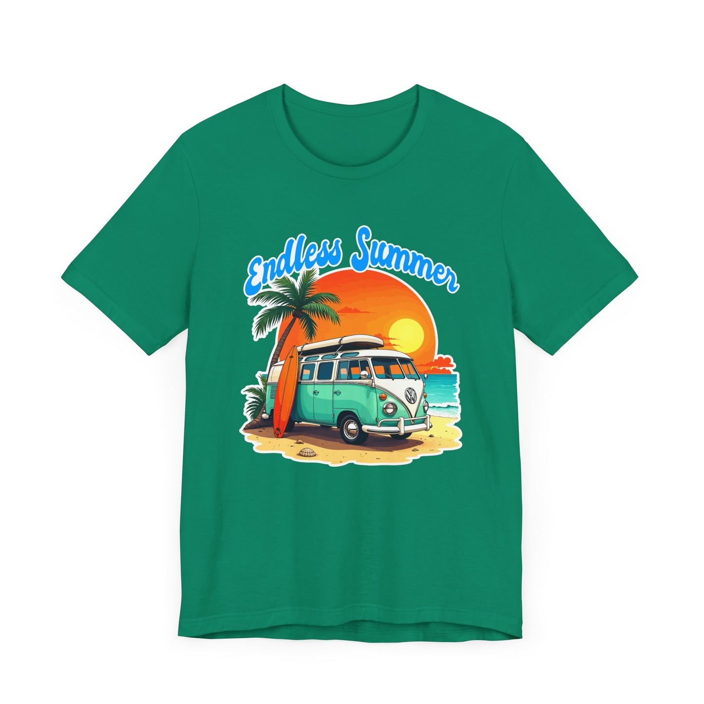 Endless Summer Beach Van with Surfboard and Palm Tree Sunset Graphic T-Shirt