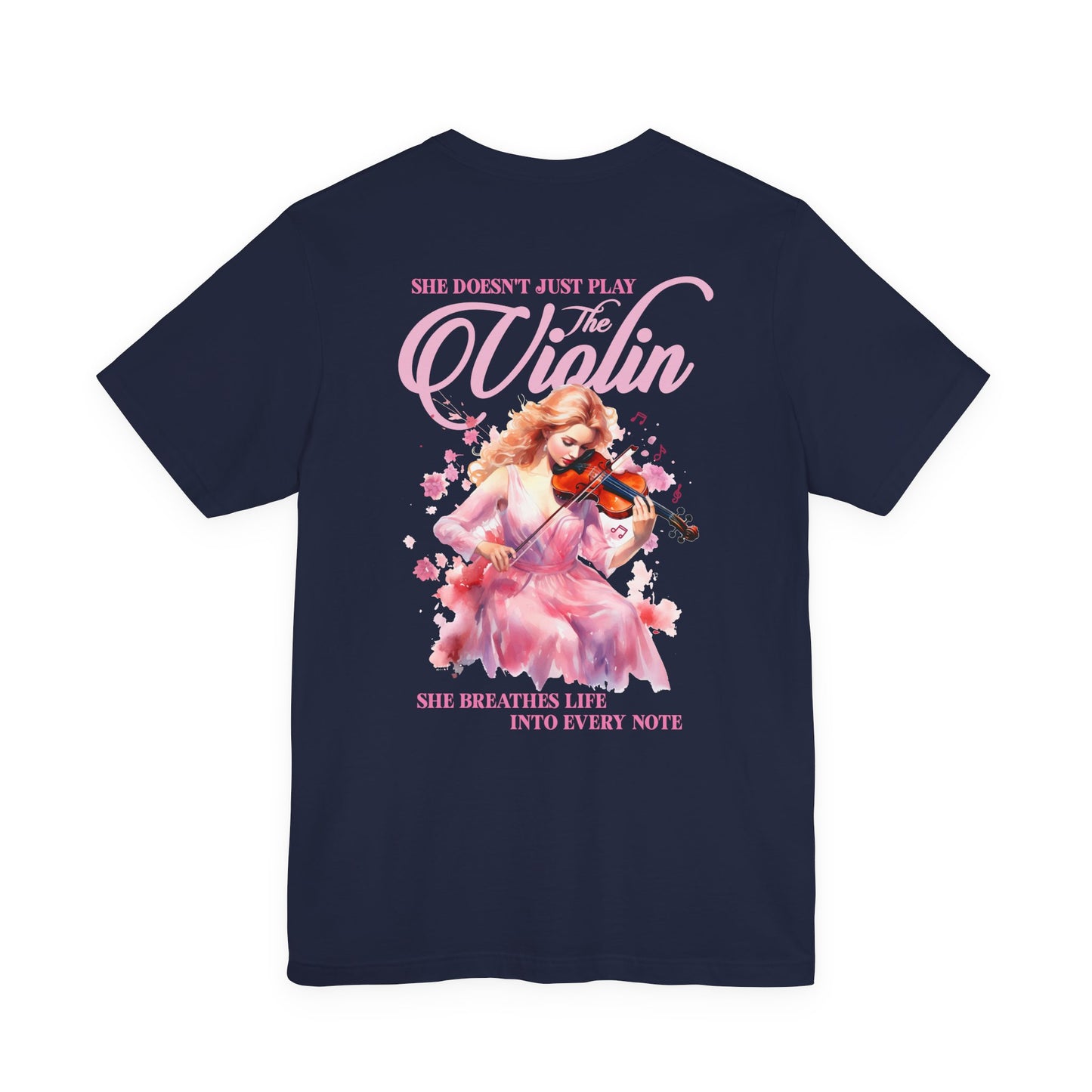 The Violin T-Shirt – Woman in Pink Dress with Flowers and Music Notes