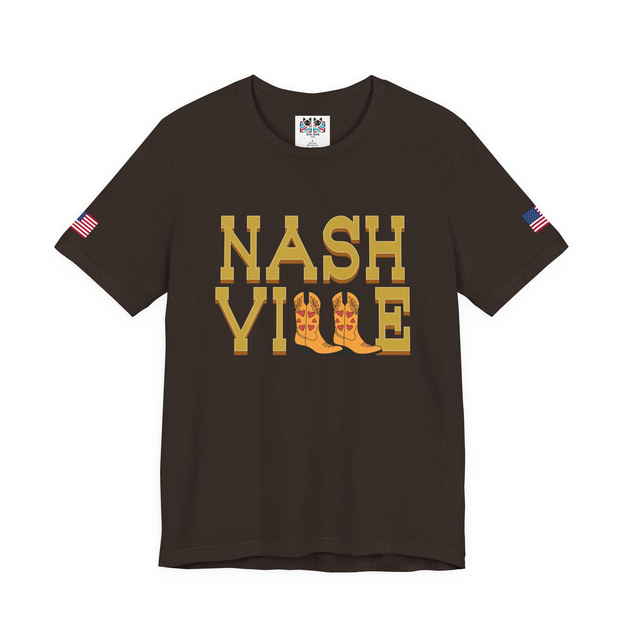Nashville T-Shirt – Bold Gold Block Letter Cowboy Boots Graphic Tee