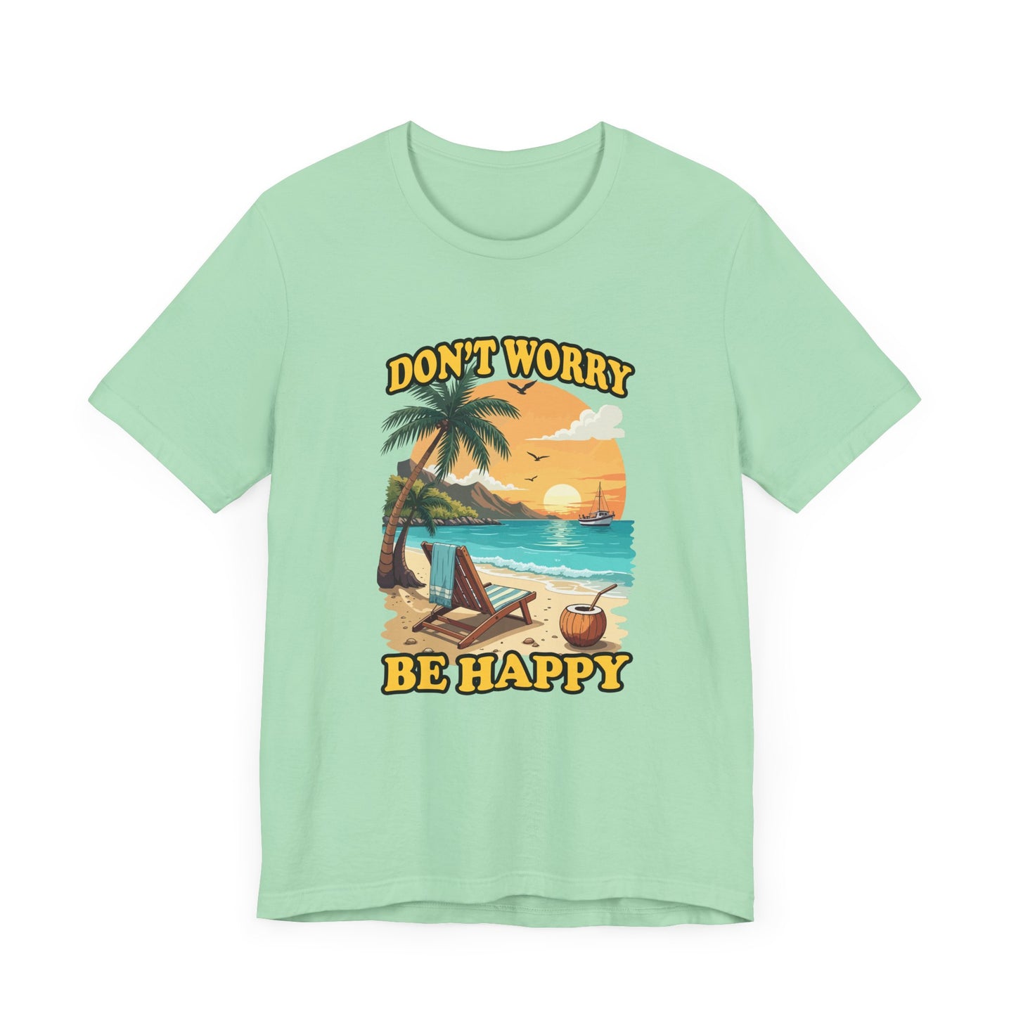 Don’t Worry Be Happy T-Shirt – Retro Beach Sunset Graphic Tee