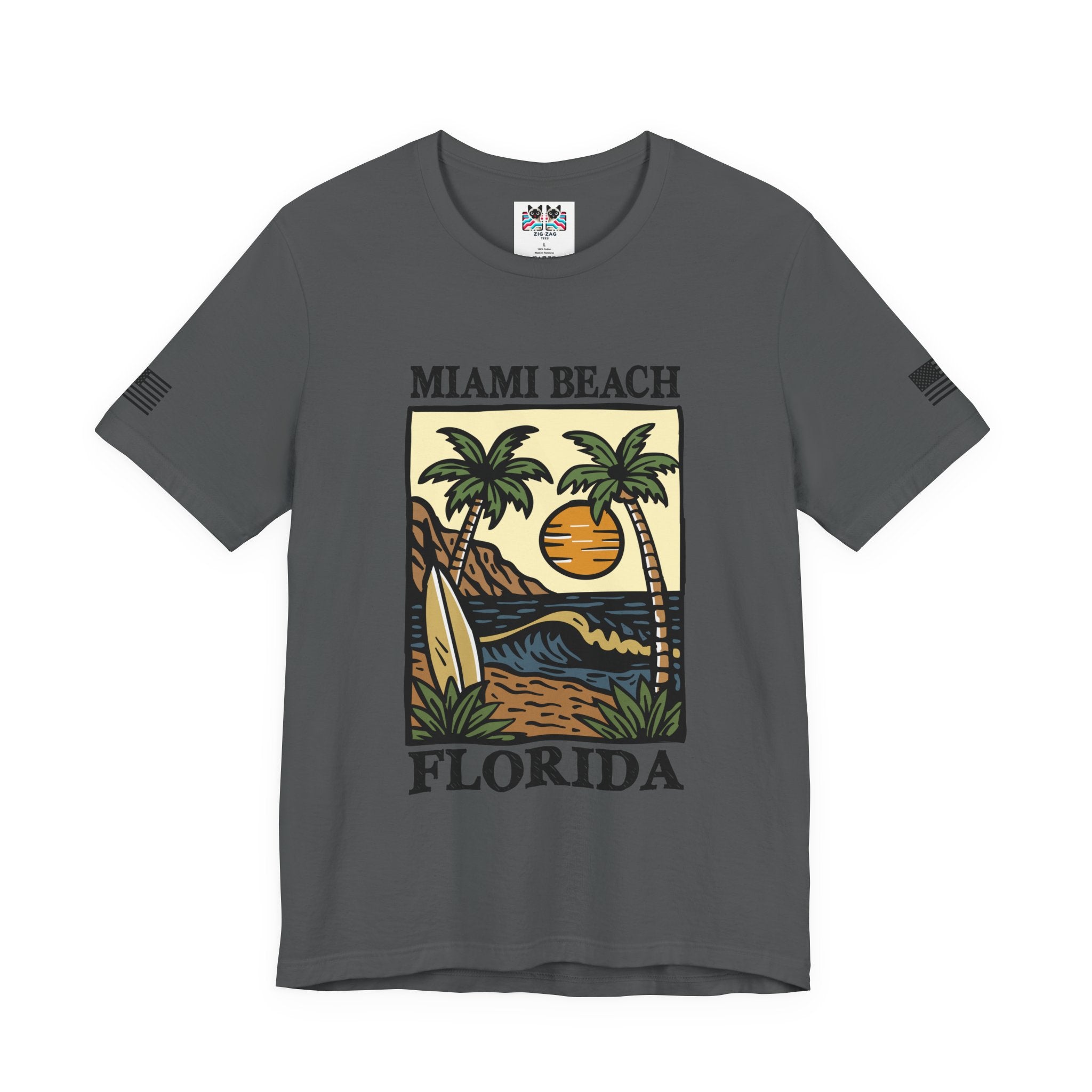 Miami Beach Florida T-Shirt – Illustrated Surfboard Palm Tree Sunset Beach Scene Tee