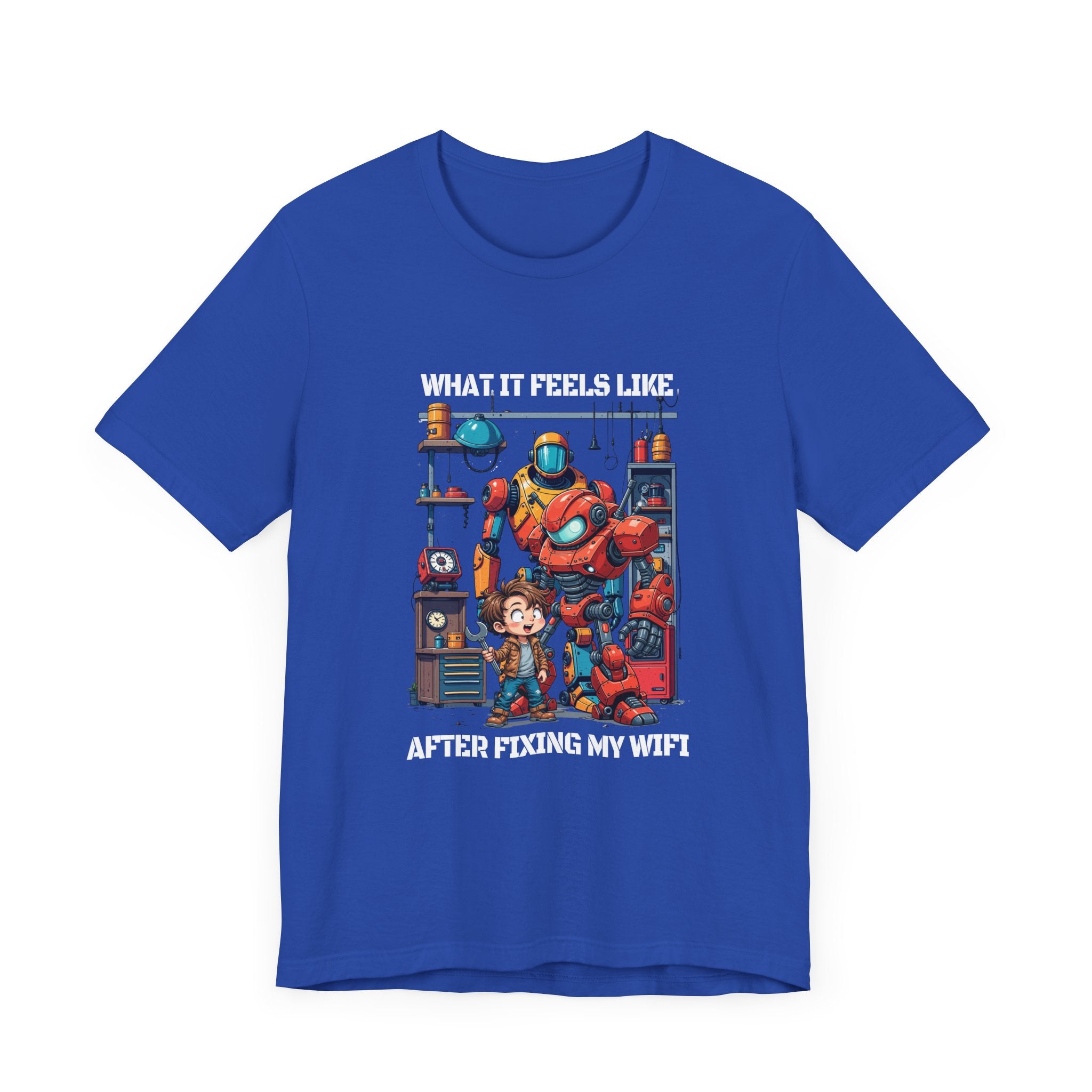 What It Feels Like After Fixing My WIFI – Joyful Boy with Tools Graphic T-Shirt