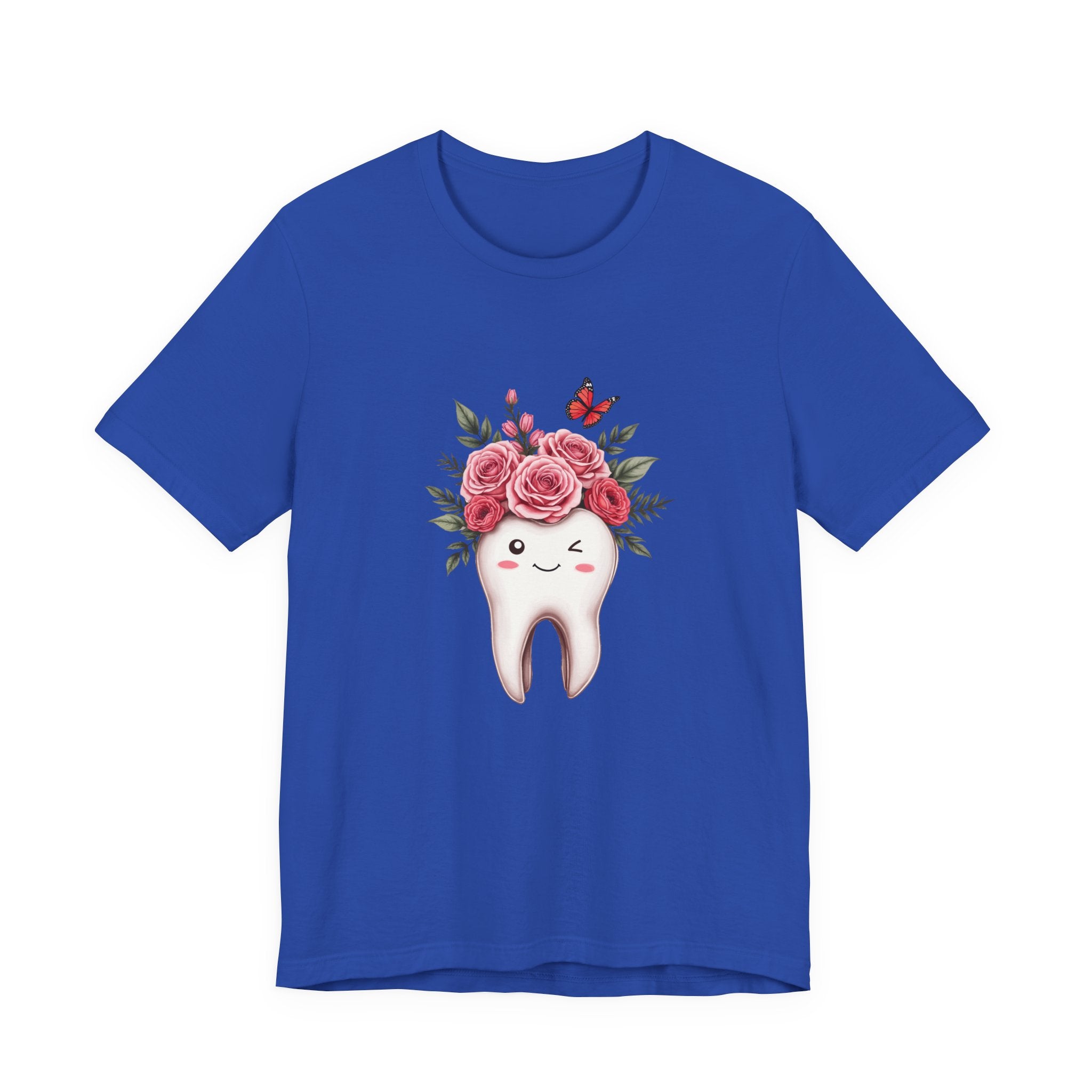 Smile T Shirt with Large Winking Tooth Surrounded by Flowers Leaves and Butterflies