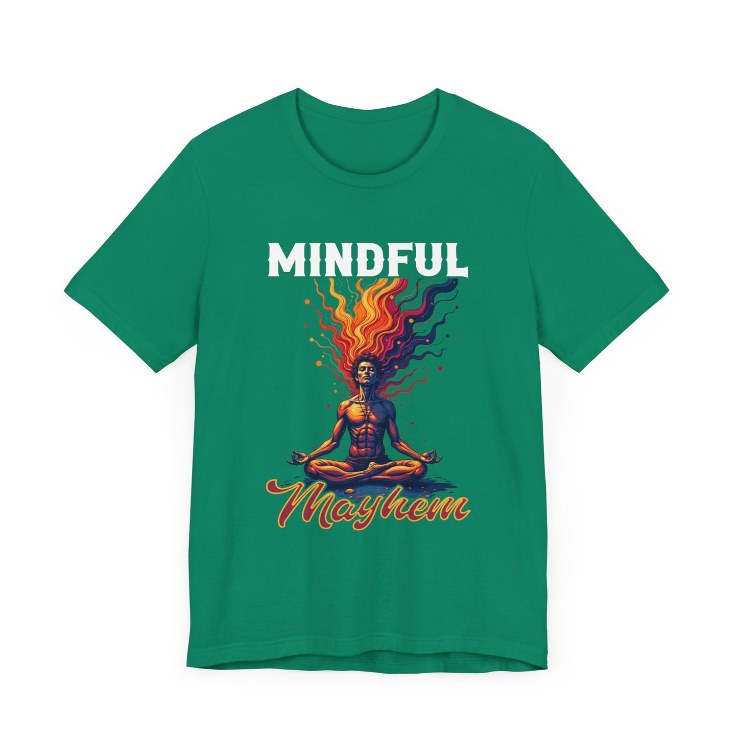 Mindful Mayhem – Meditating Man with Rising Flames Graphic T-Shirt