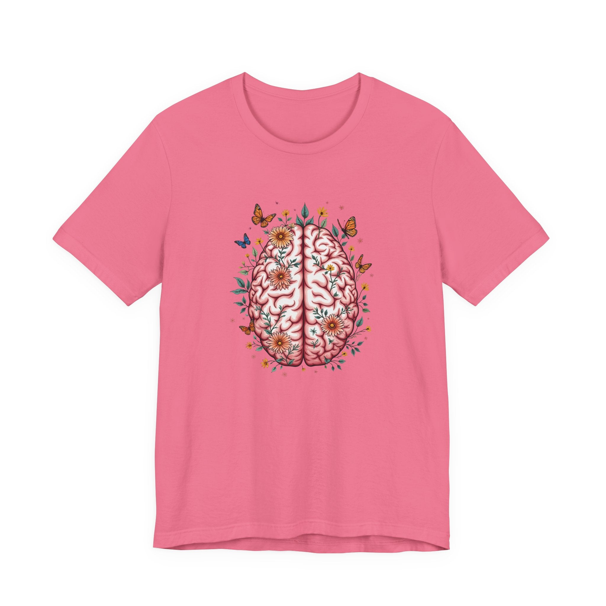 Human Brain with Flowers and Butterflies Tshirt – Artistic Floral Brain Graphic