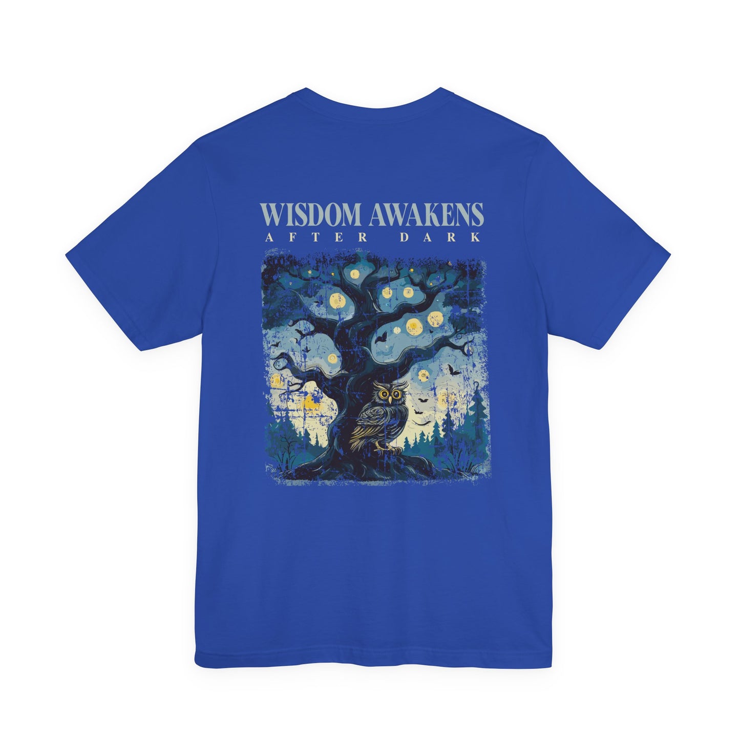 Wisdom Awakens After Dark T-Shirt – Night Owl and Moonlit Tree Graphic