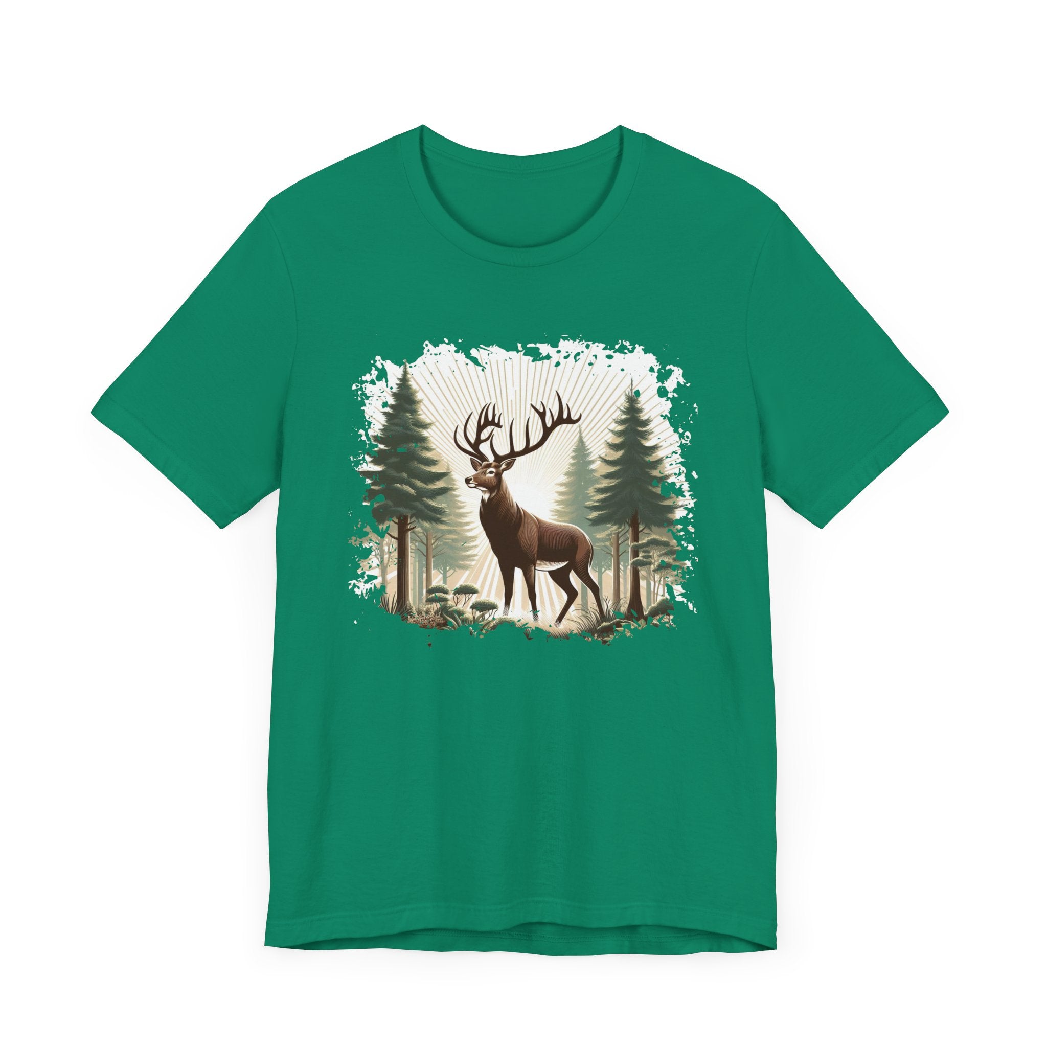 Majestic Deer with Large Antlers | Sunlight Through Foggy Forest Graphic T-Shirt