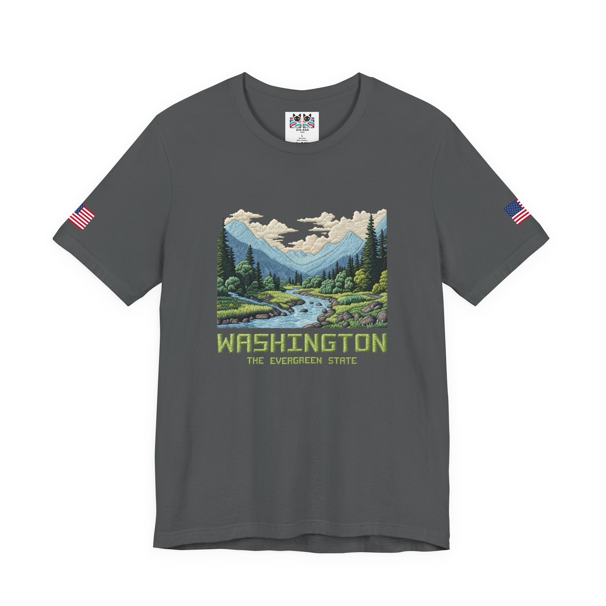 Washington The Evergreen State Embroidery-Style Mountain River Graphic T-Shirt | Pacific Northwest Nature Tee | WA Souvenir