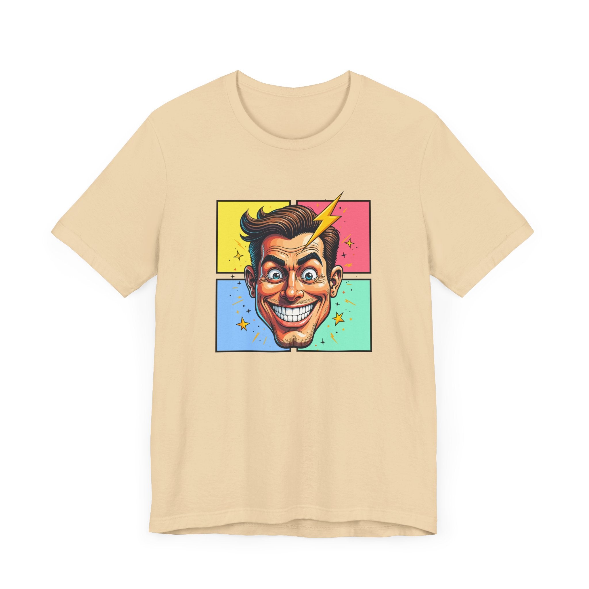 Funny Man’s Face with Lightning Forehead and Colorful Quadrant Stars Emotions Graphic T-Shirt
