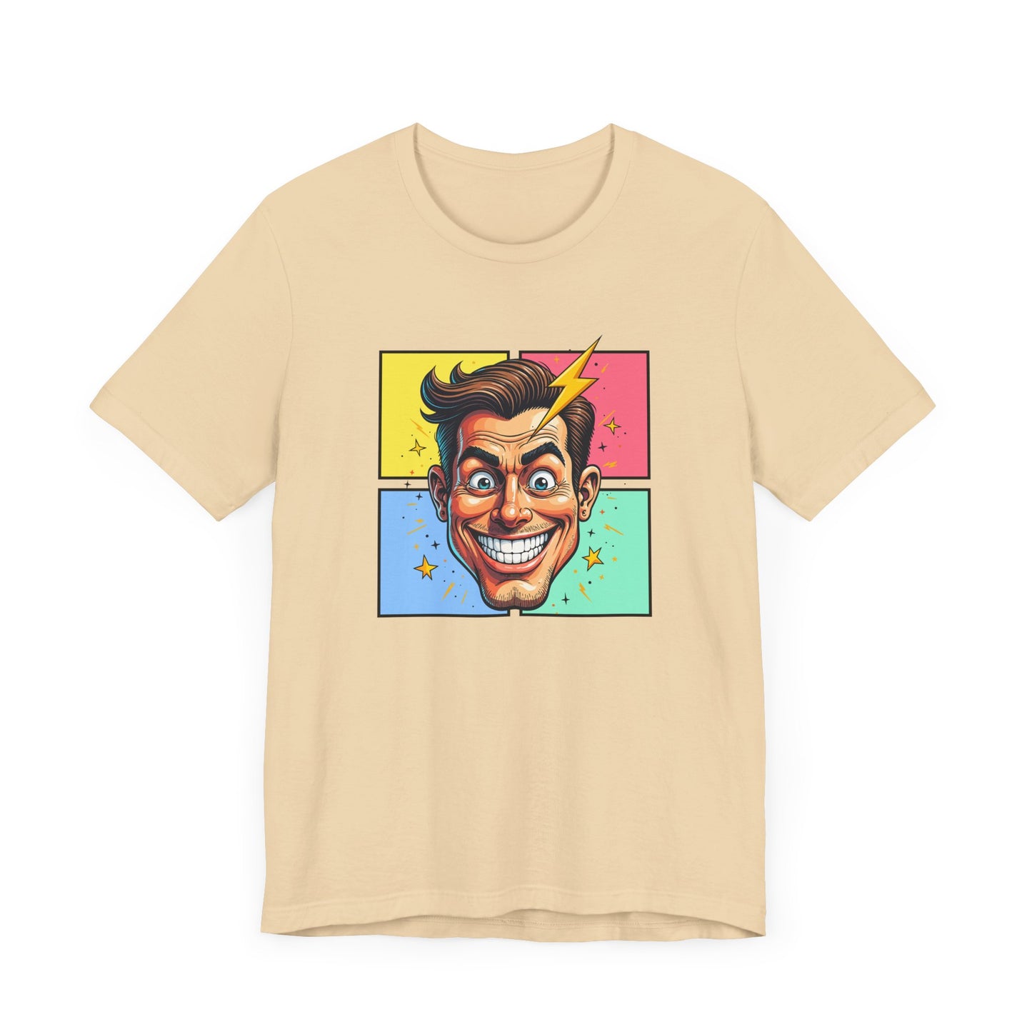 Funny Man’s Face with Lightning Forehead and Colorful Quadrant Stars Emotions Graphic T-Shirt