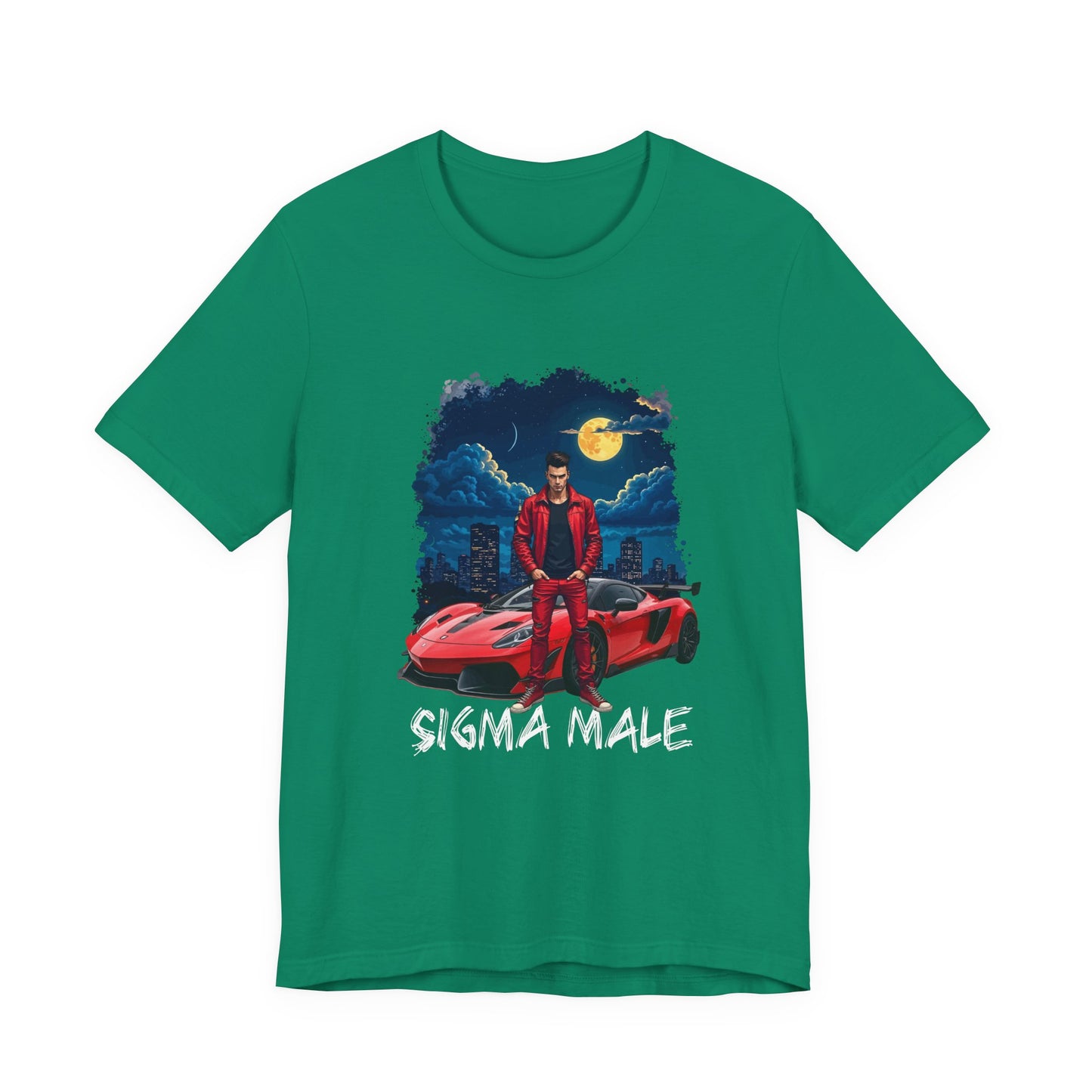 SIGMA MALE – Man in Red Jacket with Racing Car and Full Moon Graphic T-Shirt