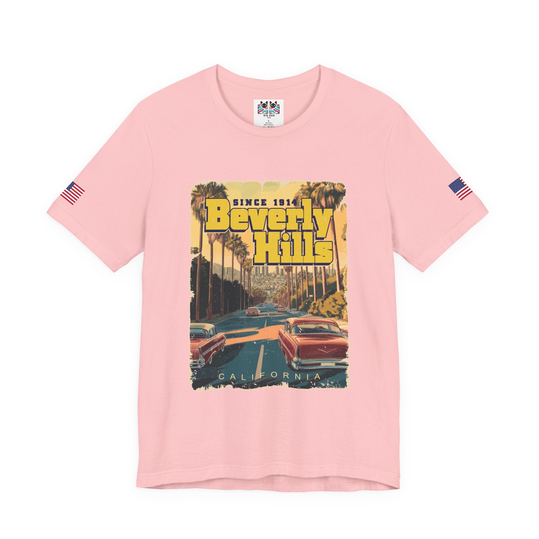 Beverly Hills Since 1914 California T-Shirt – Classic Cars Palm Boulevard Retro Graphic Tee