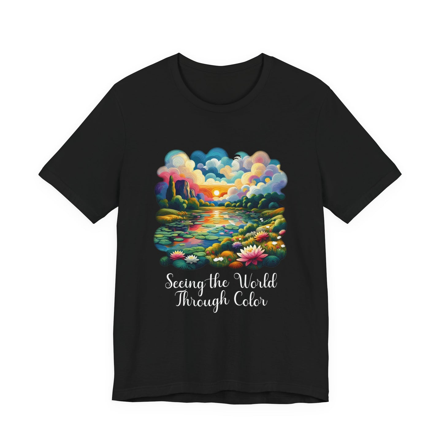 Impressionist Seeing the World Through Color Tshirt – Colorful Lotus Pond with Sunset Graphic