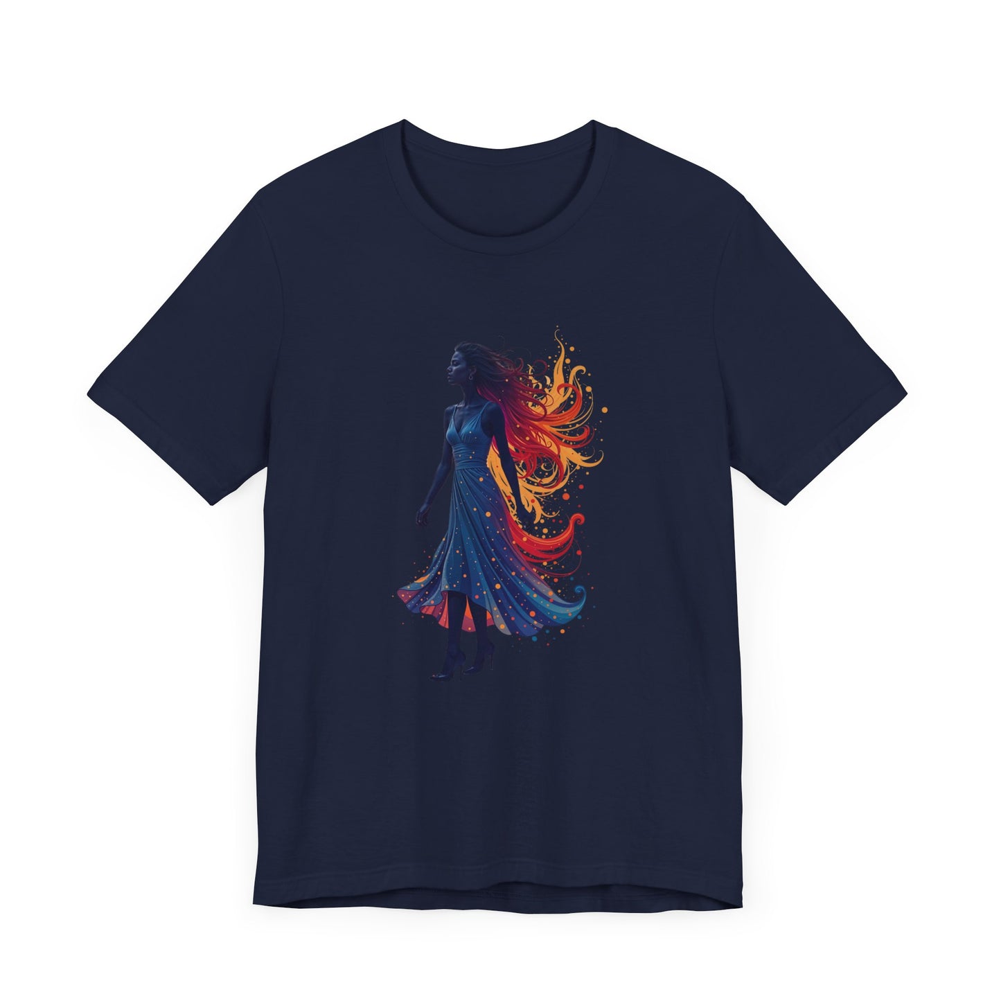 Graceful Woman with Swirling Autumn Aura – Abstract Colorful Swirl Graphic T-Shirt