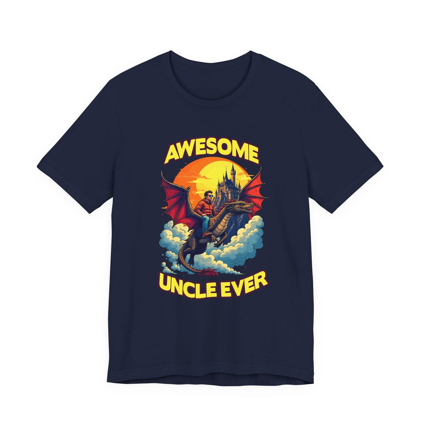 Awesome Uncle Ever Tshirt Man Riding Large Dragon Flying in Clouds with Castle in background