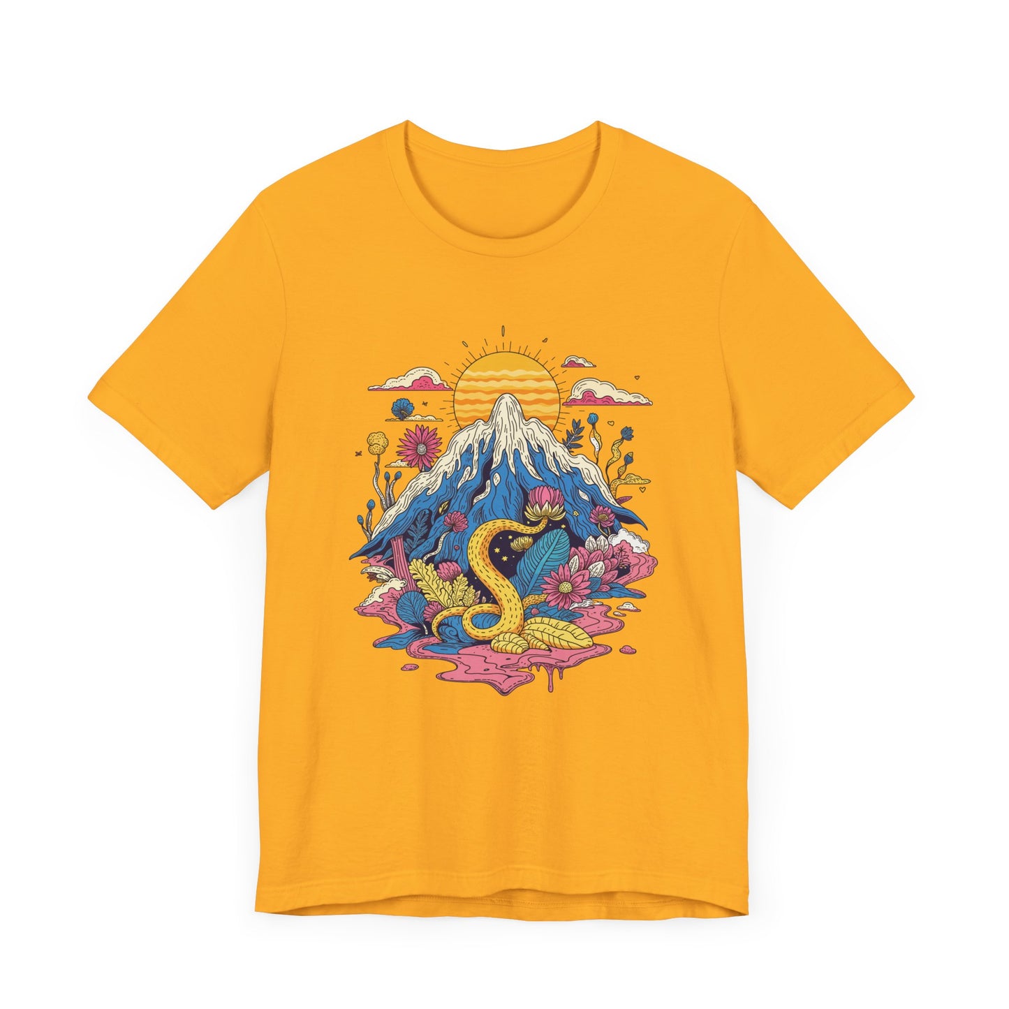 Psychological Jungle Mountain – Psychedelic Sun and Jungle Landscape Graphic T-Shirt