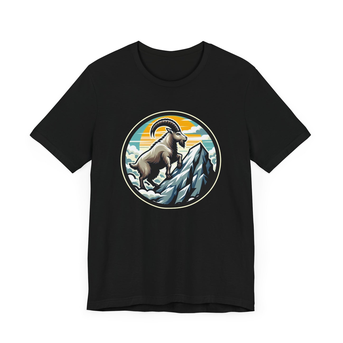 Majestic Mountain Goat on Summit with Sun and Clouds Graphic T-Shirt