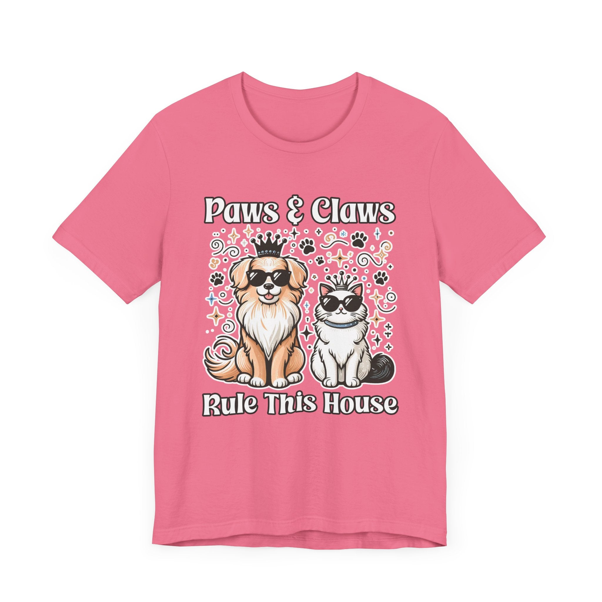 Paws and Claws Rule the House | Smiling Dog & Cat with Paw Shapes T-Shirt