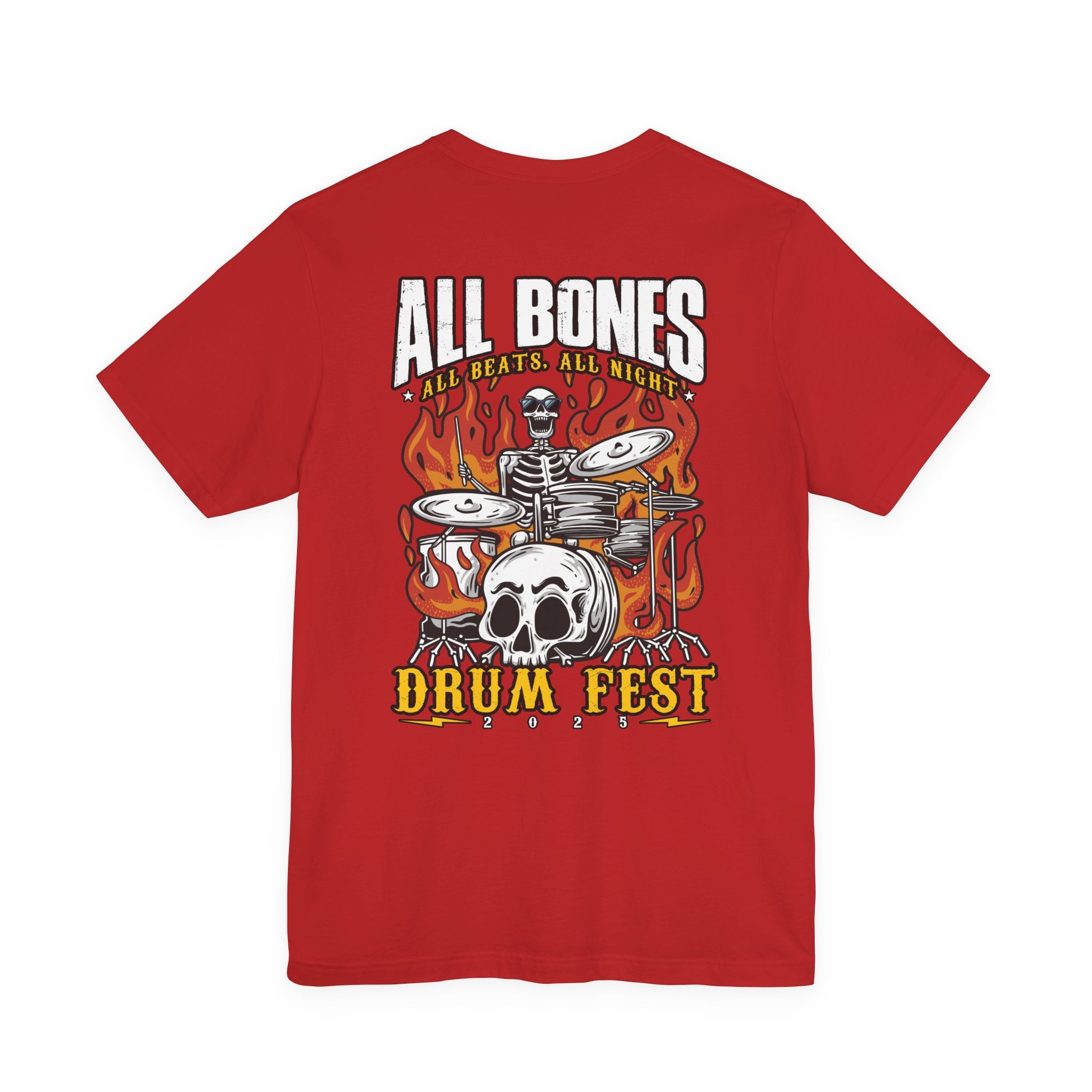 All Bones Drum Fest 2025 T-Shirt – Skeleton Drummer Fiery Rock Design