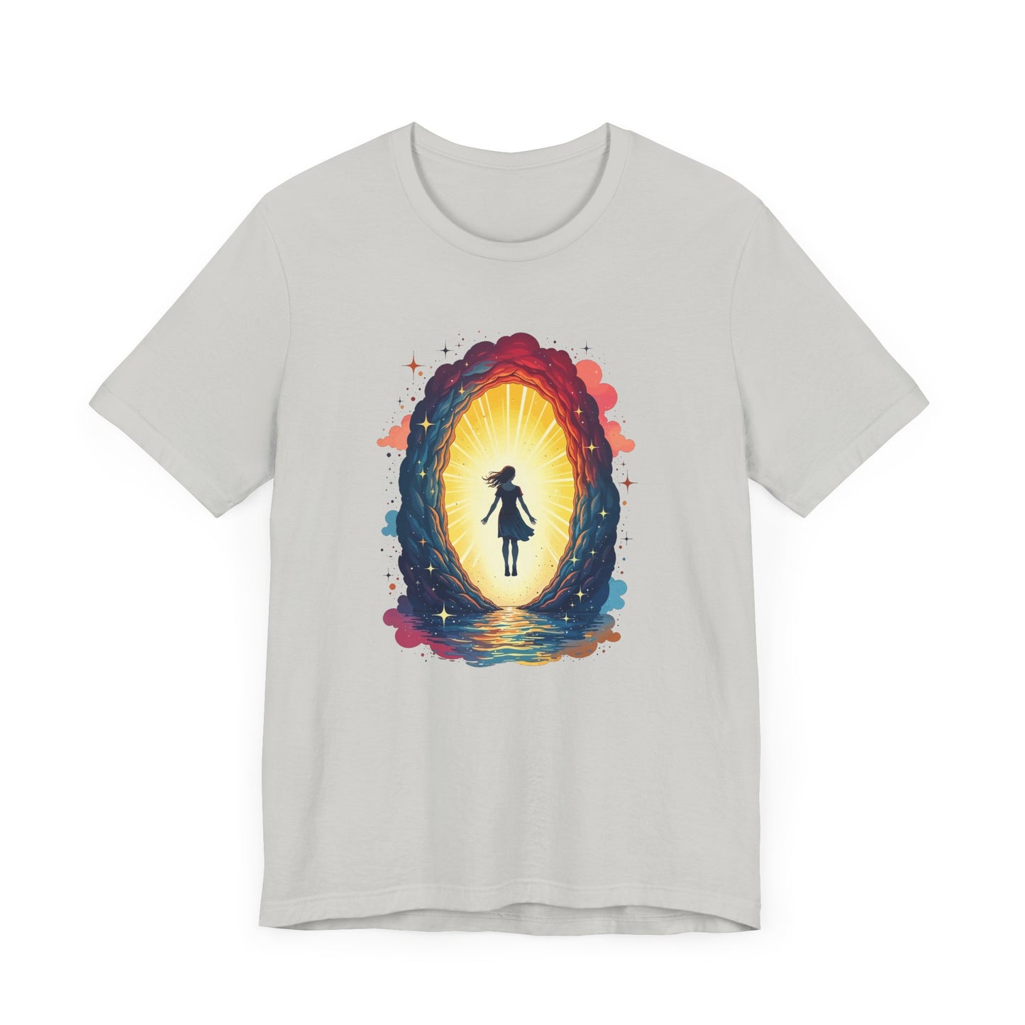Interdimensional Chill – Floating Woman in Cosmic Portal Graphic T-Shirt