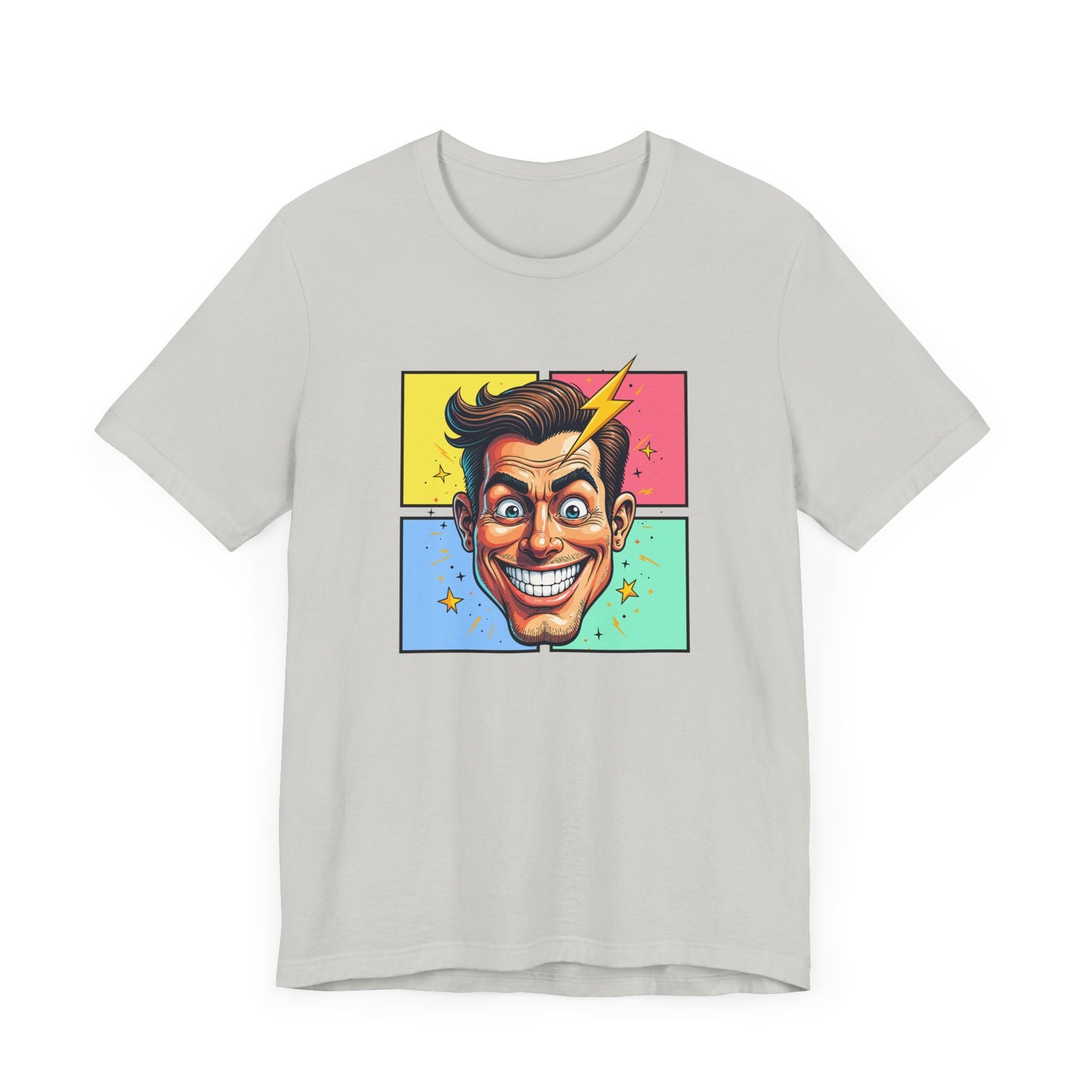 Funny Man’s Face with Lightning Forehead and Colorful Quadrant Stars Emotions Graphic T-Shirt