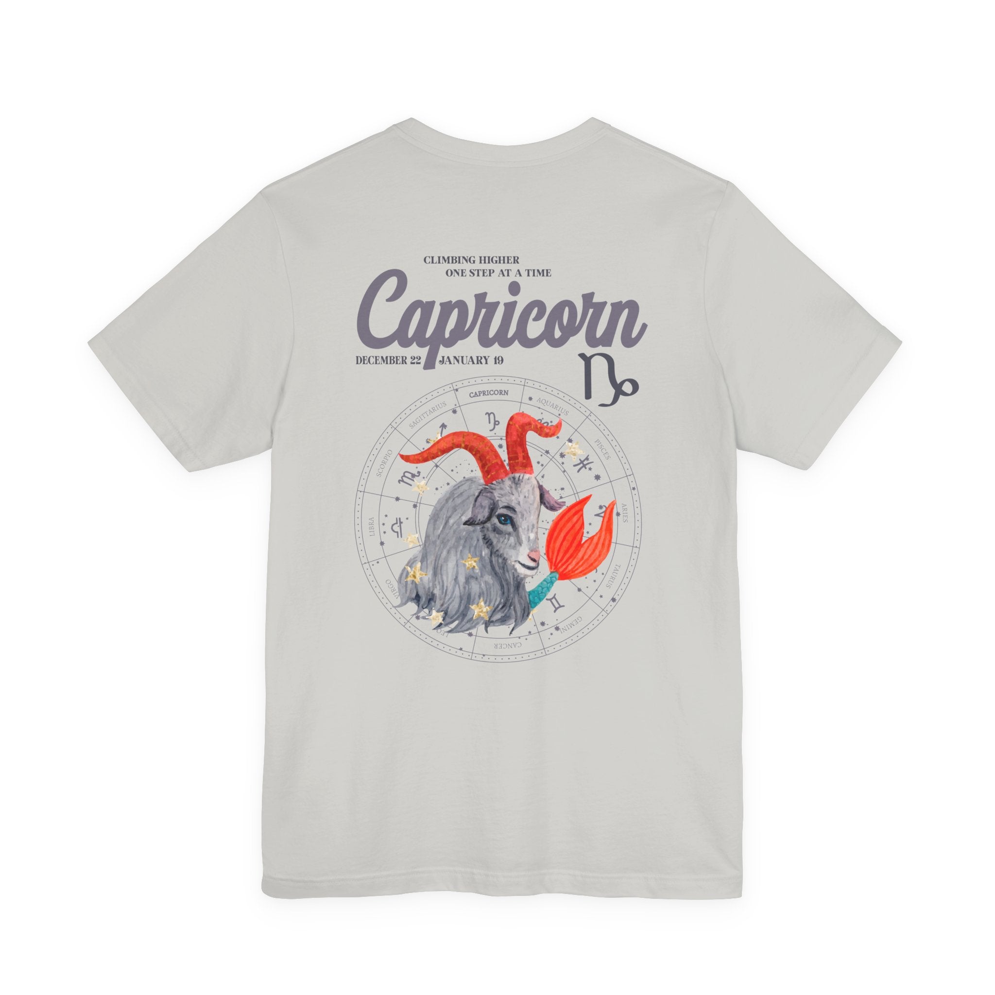 Capricorn Zodiac T-Shirt – Climbing Higher One Step At A Time Astrological wheel