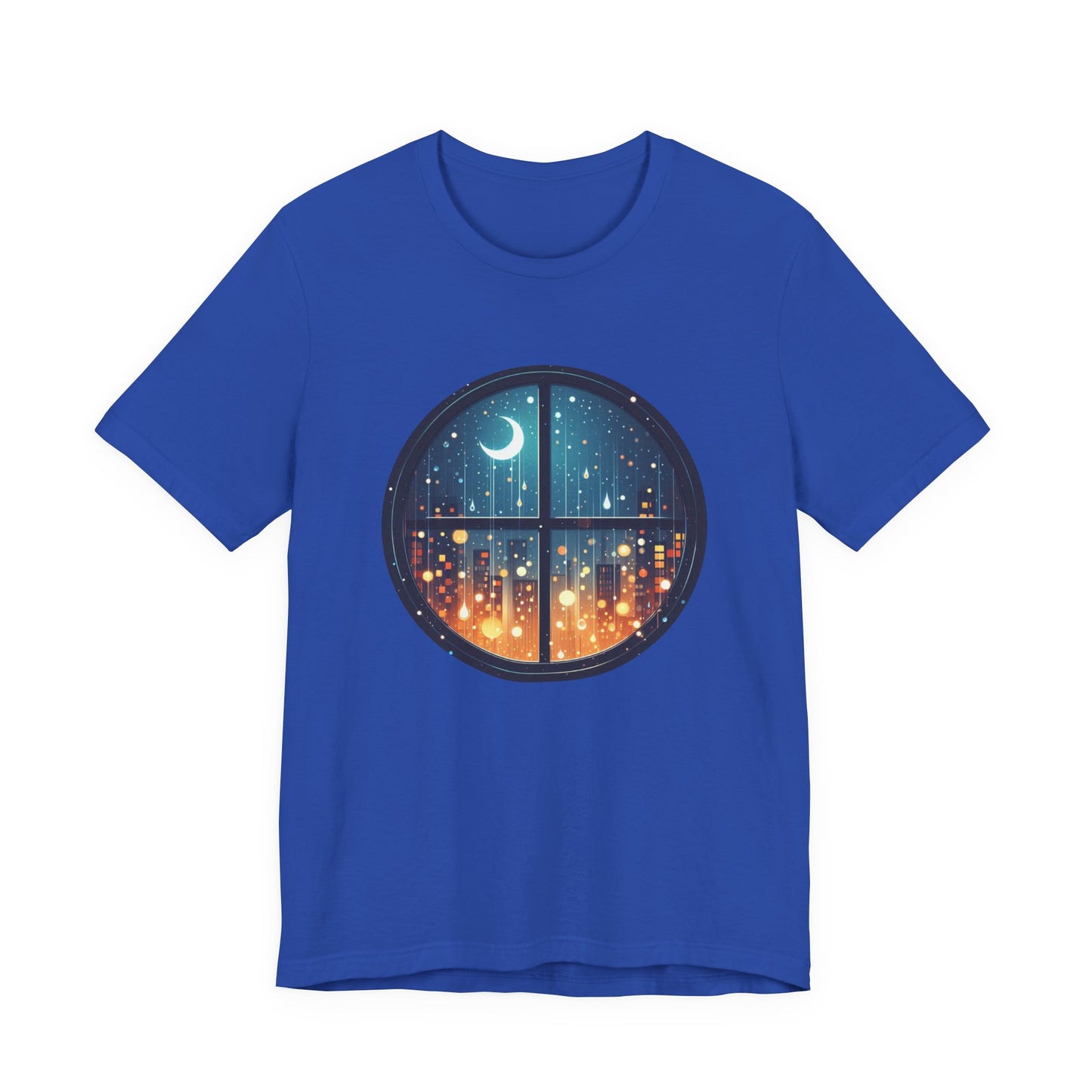 Dreaming Under Drizzles – Crescent Moon & Rainy Night in a City Window Graphic T-Shirt