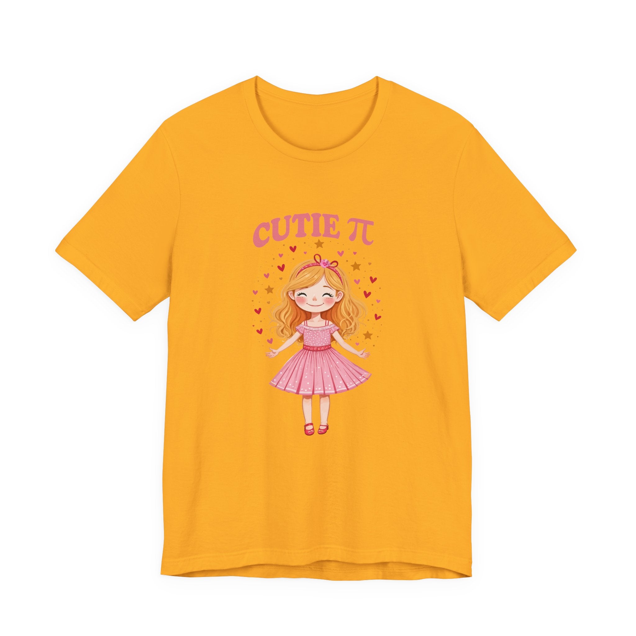 Cutie Pi Tshirt – Happy Girl with Pi Symbol, Hearts, and Stars Graphic