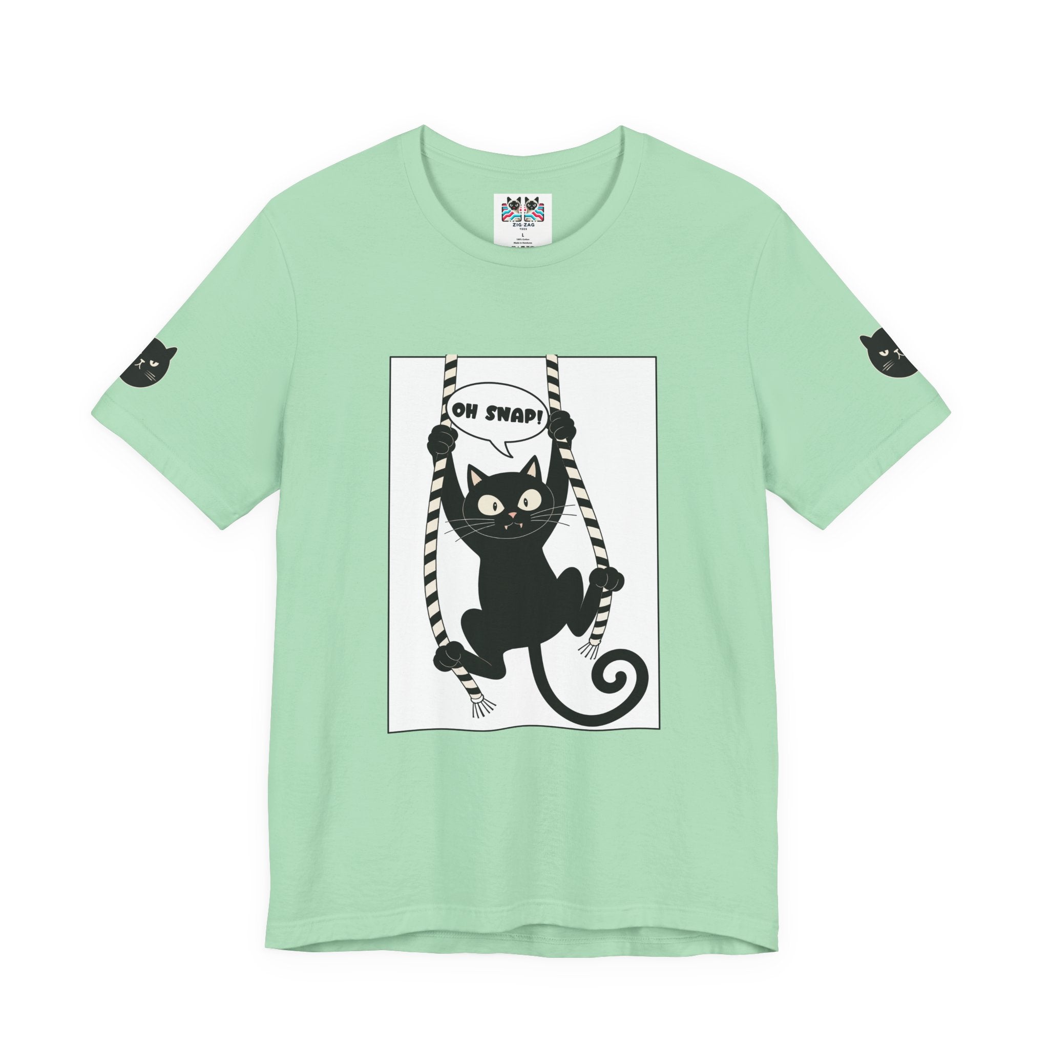 Oh Snap Funny Cat T-Shirt – Cat Hanging from Blinds Mischievous Kitten Humor Graphic Tee