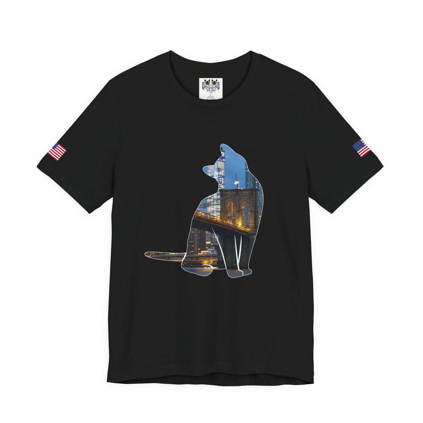NYC Cat Silhouette T-Shirt - New York City Skyline in Cat Shape Brooklyn Bridge Design