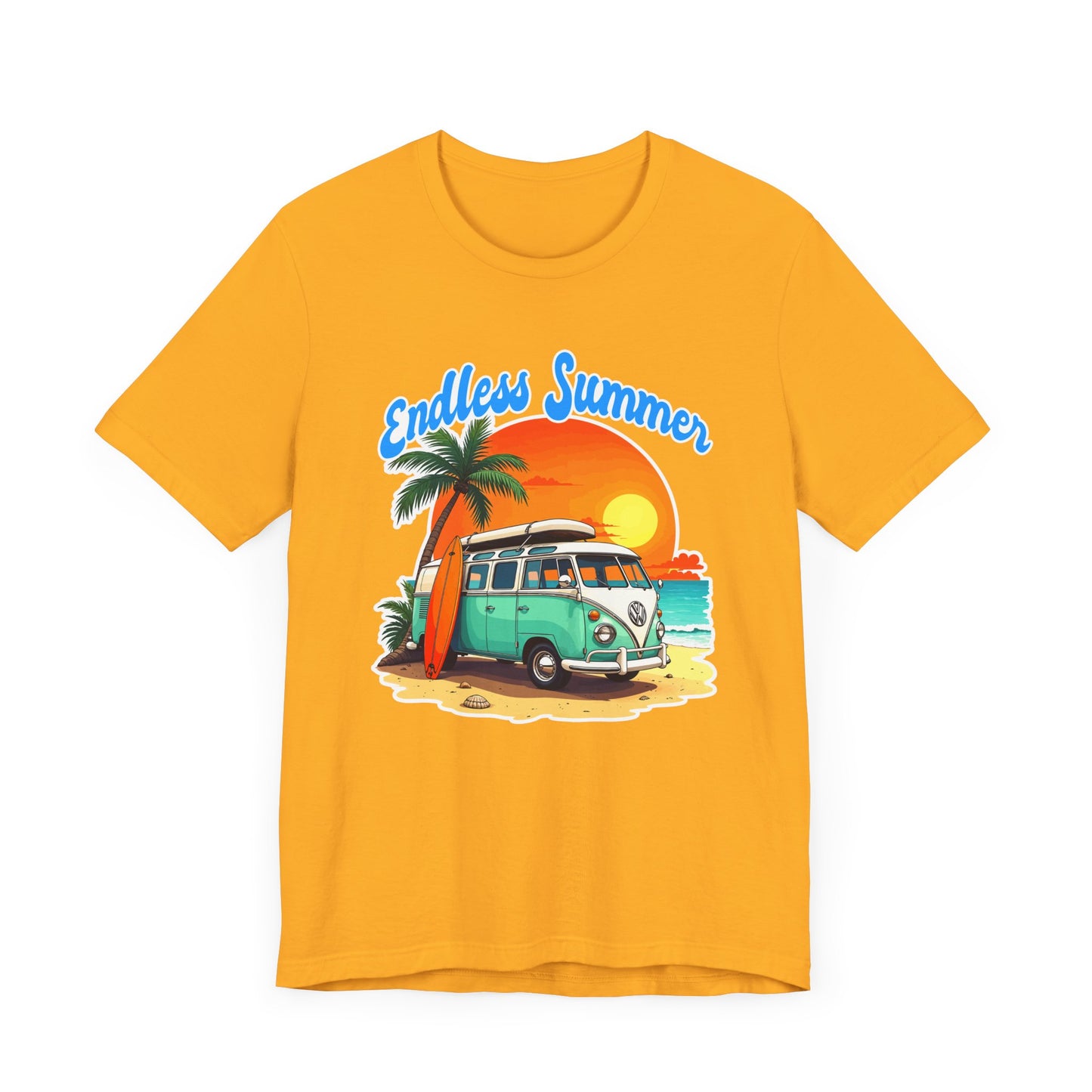 Endless Summer Beach Van with Surfboard and Palm Tree Sunset Graphic T-Shirt