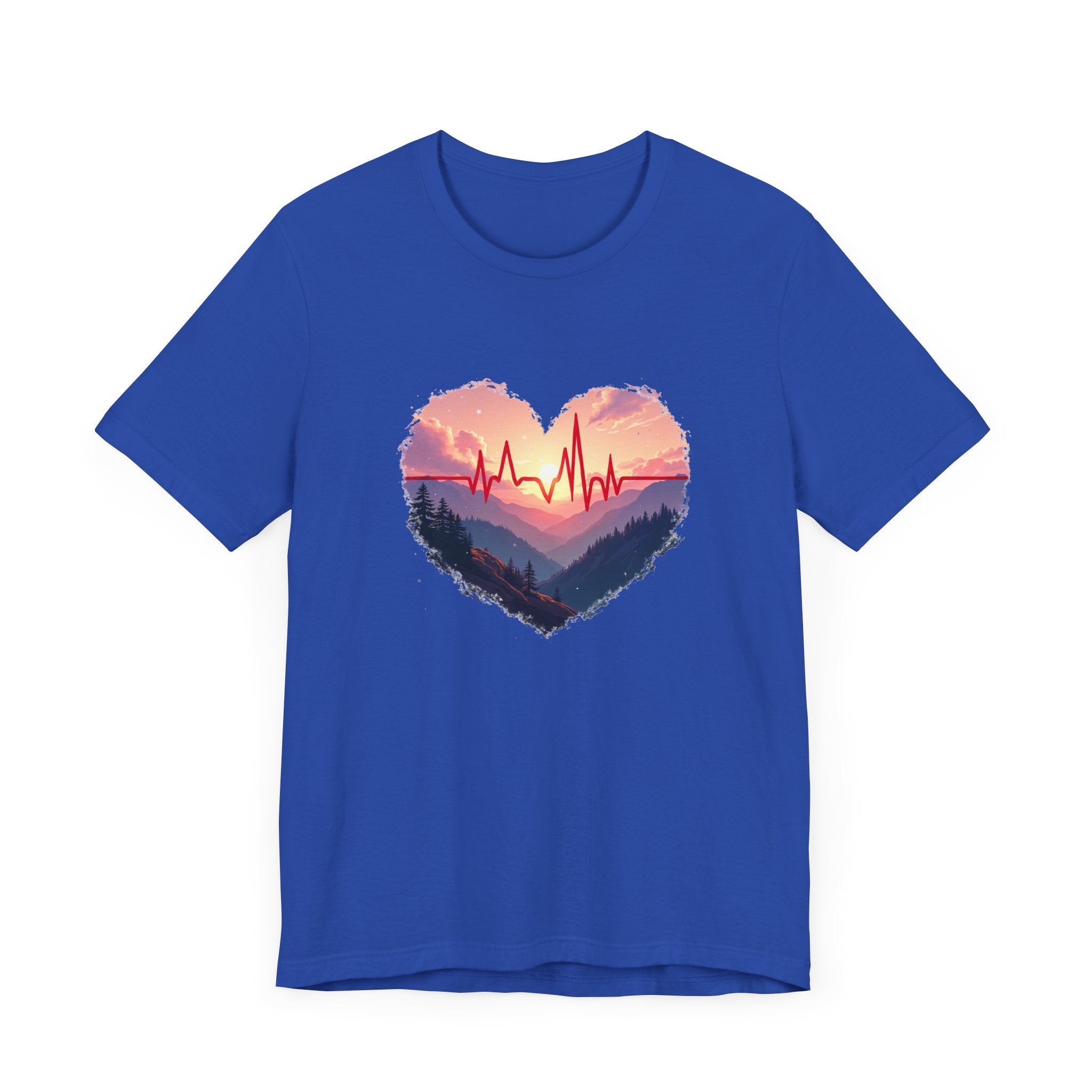 Heart-Shaped Majestic Mountains Landscape with Bold Red Lifeline Graphic T-Shirt
