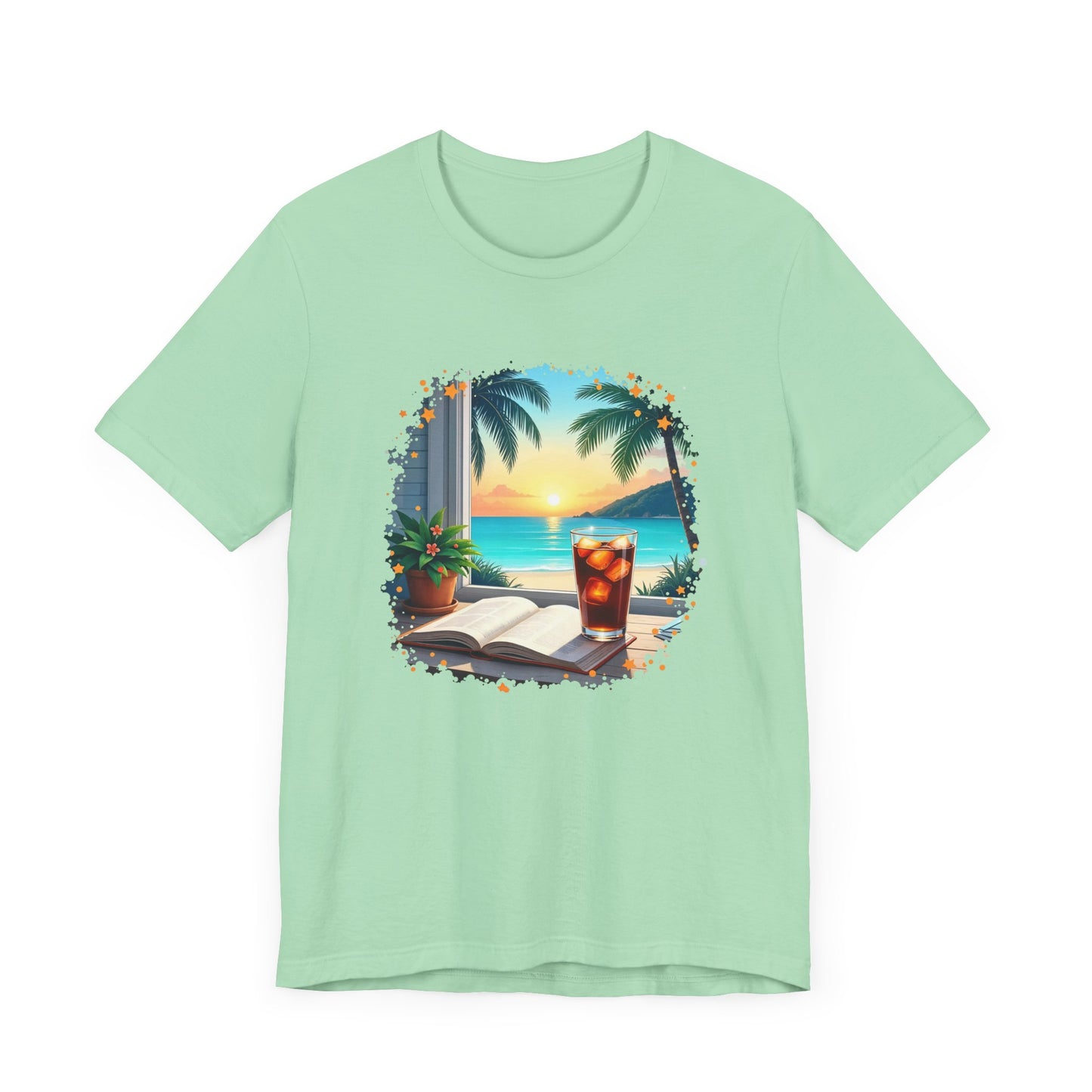 Romanticize Everything - Beachside Serenity – Table with Book, Drink & Flower Pot by Window Graphic T-Shirt