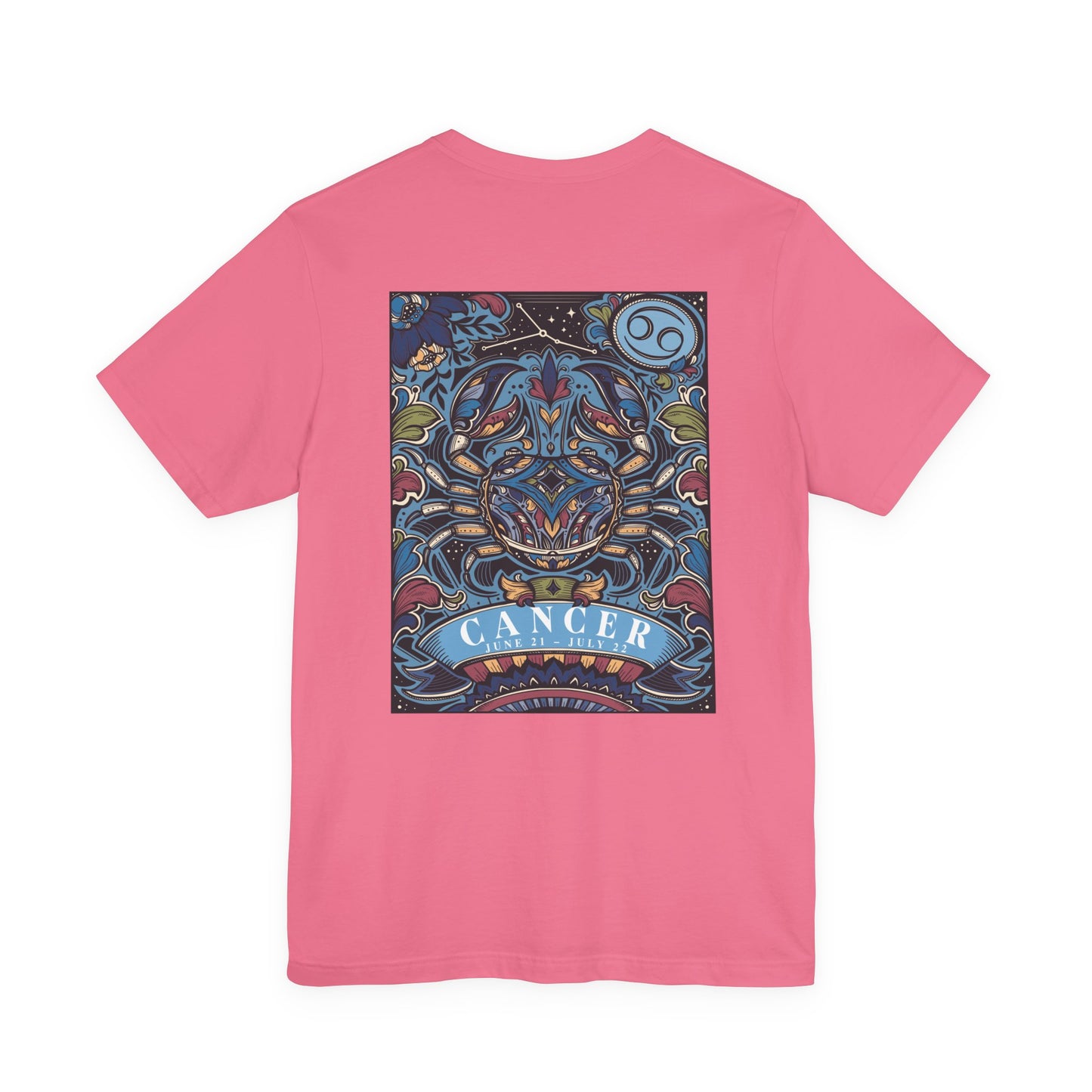 Colorful Cancer Zodiac T-Shirt – Crab with Constellation, Leaves & Flowers