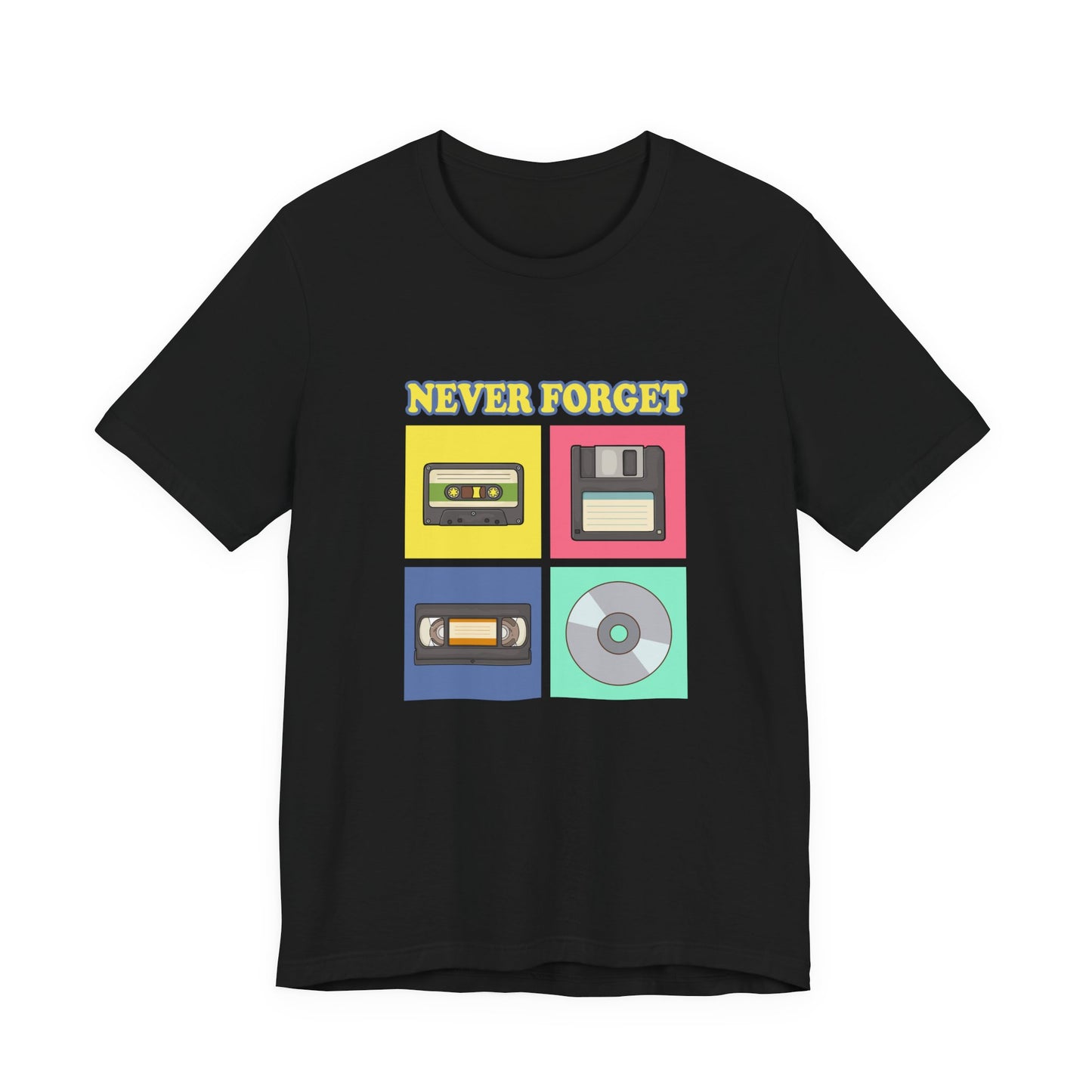 Never Forget Retro Media Tshirt Floppy Disk Cassette Tape Recorder CD Graphic