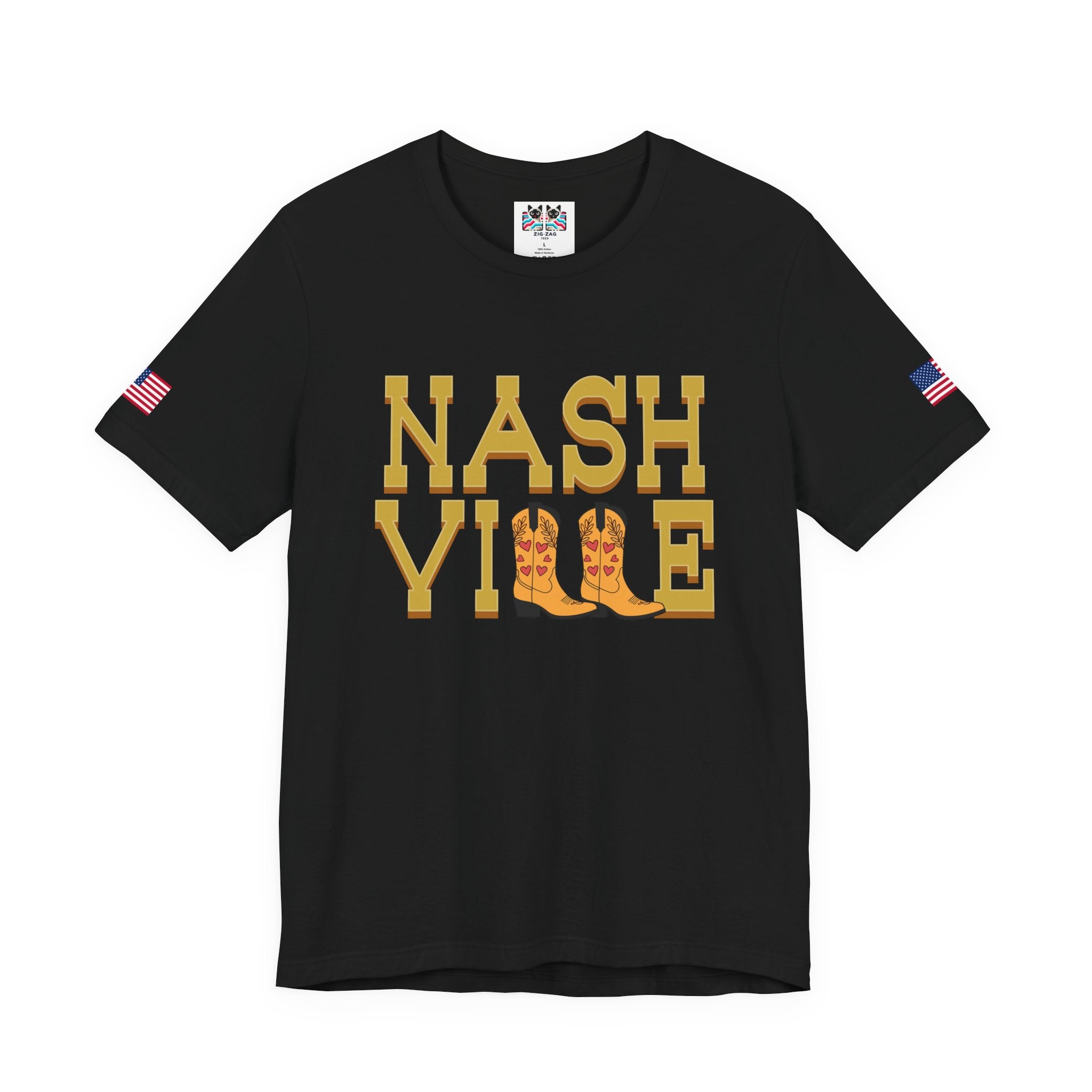 Nashville T-Shirt – Bold Gold Block Letter Cowboy Boots Graphic Tee