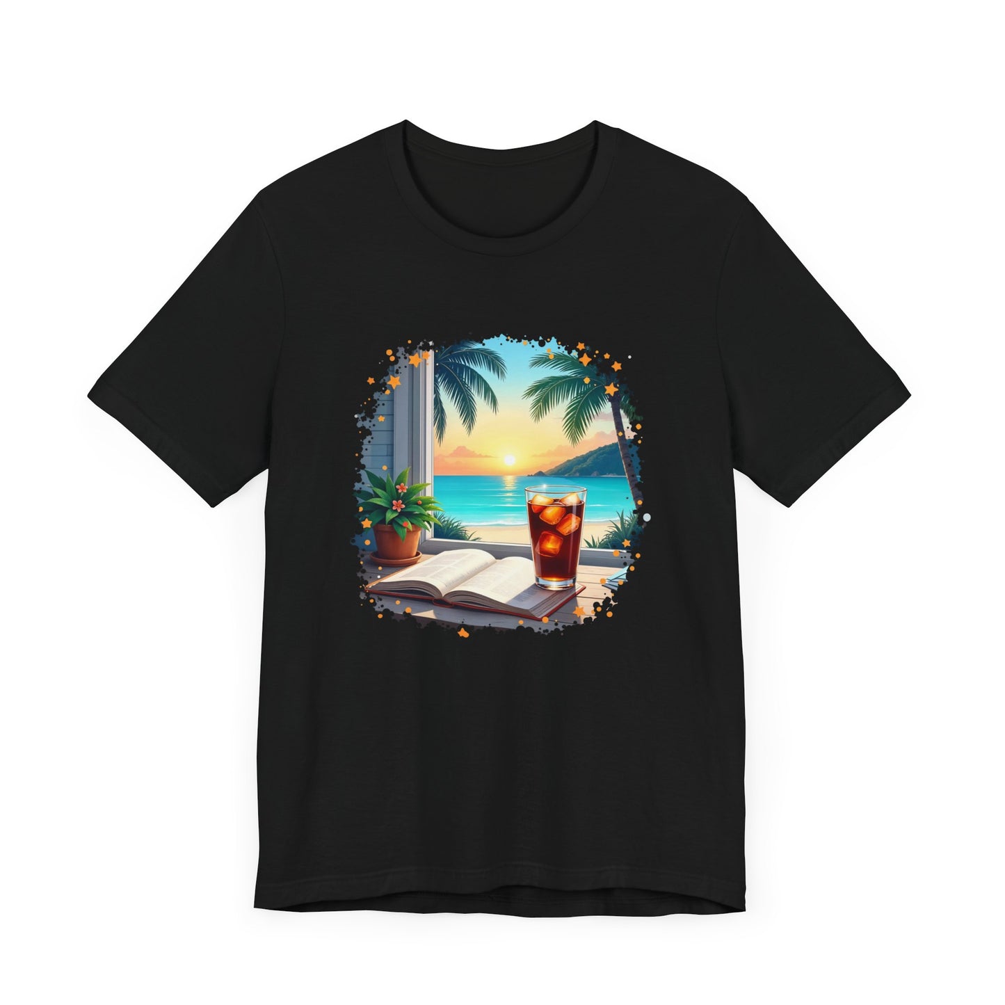 Romanticize Everything - Beachside Serenity – Table with Book, Drink & Flower Pot by Window Graphic T-Shirt