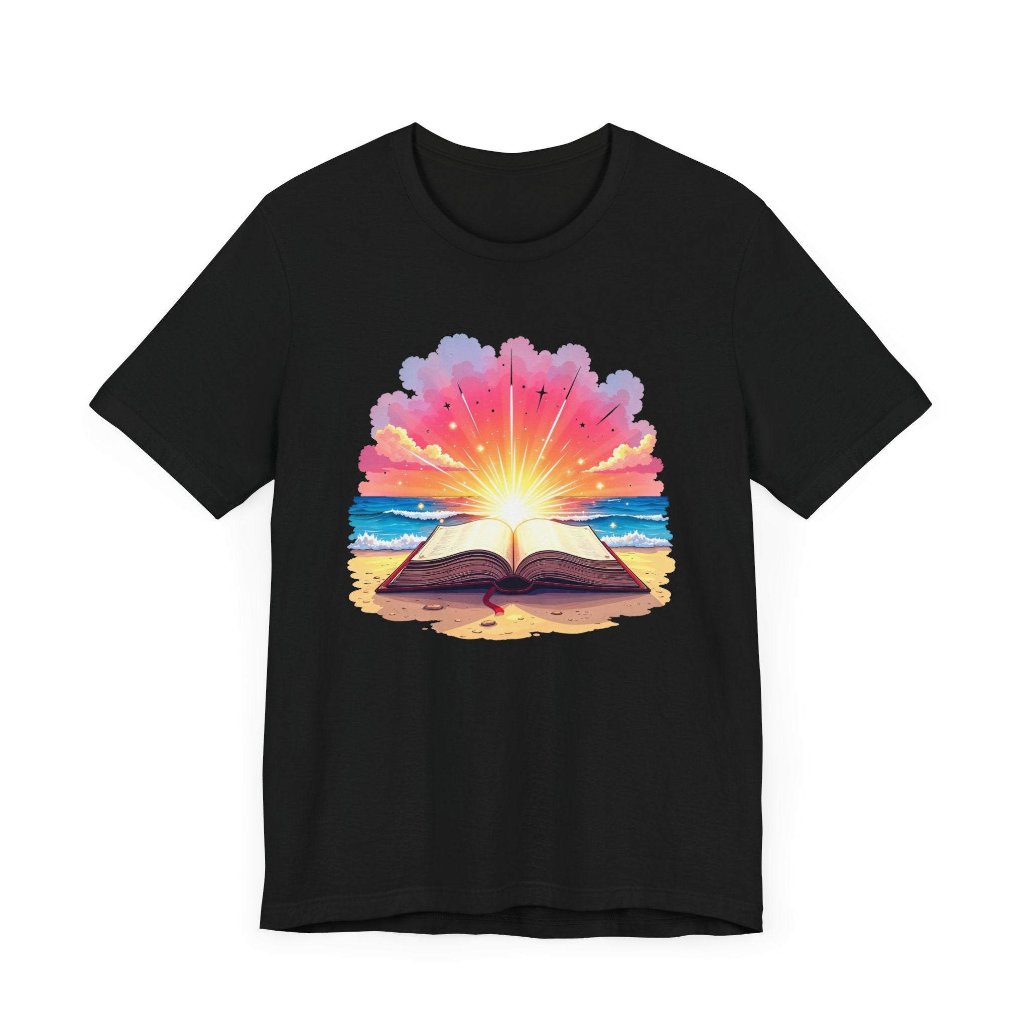 Magical Open Book on Beach with Radiant Flashlight Graphic T-Shirt