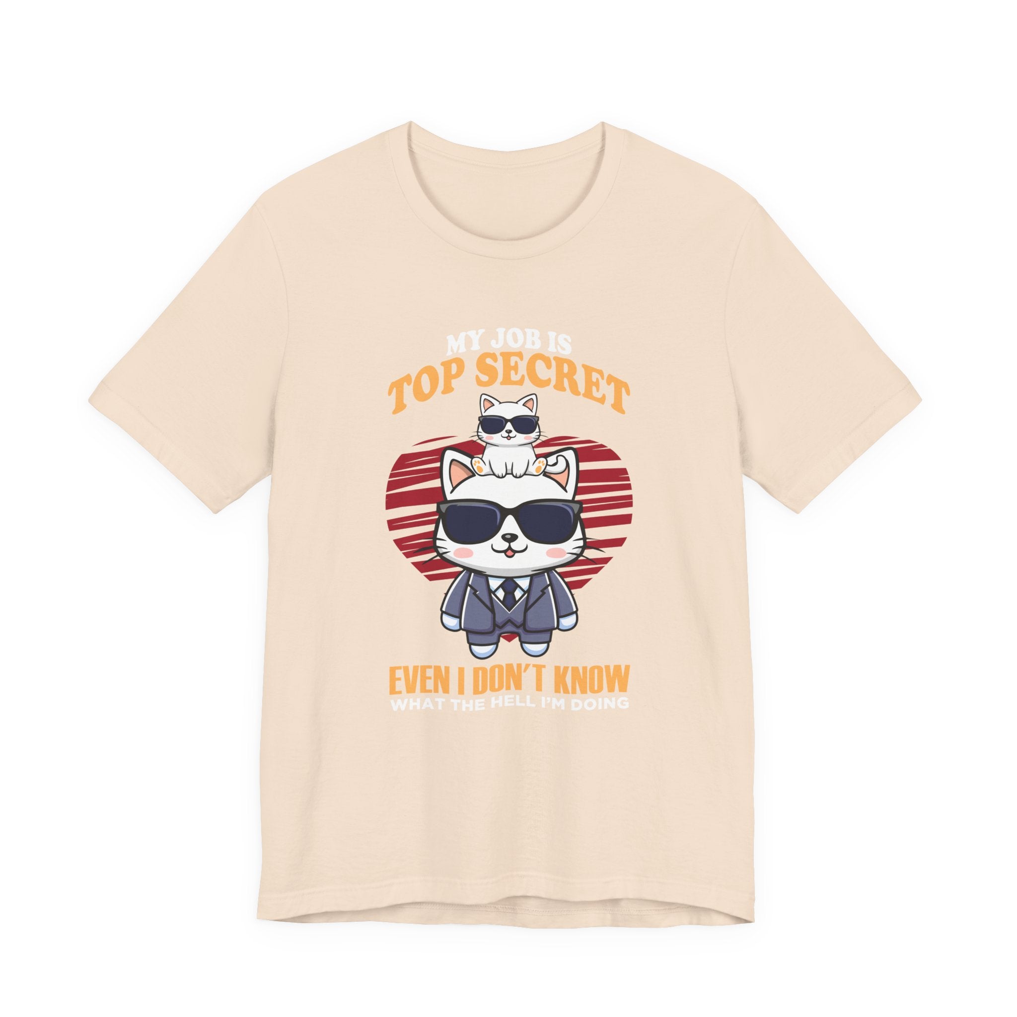 My Job Is Top Secret Tshirt - Stylish cat wearing black goggles and a sharp suit Humor