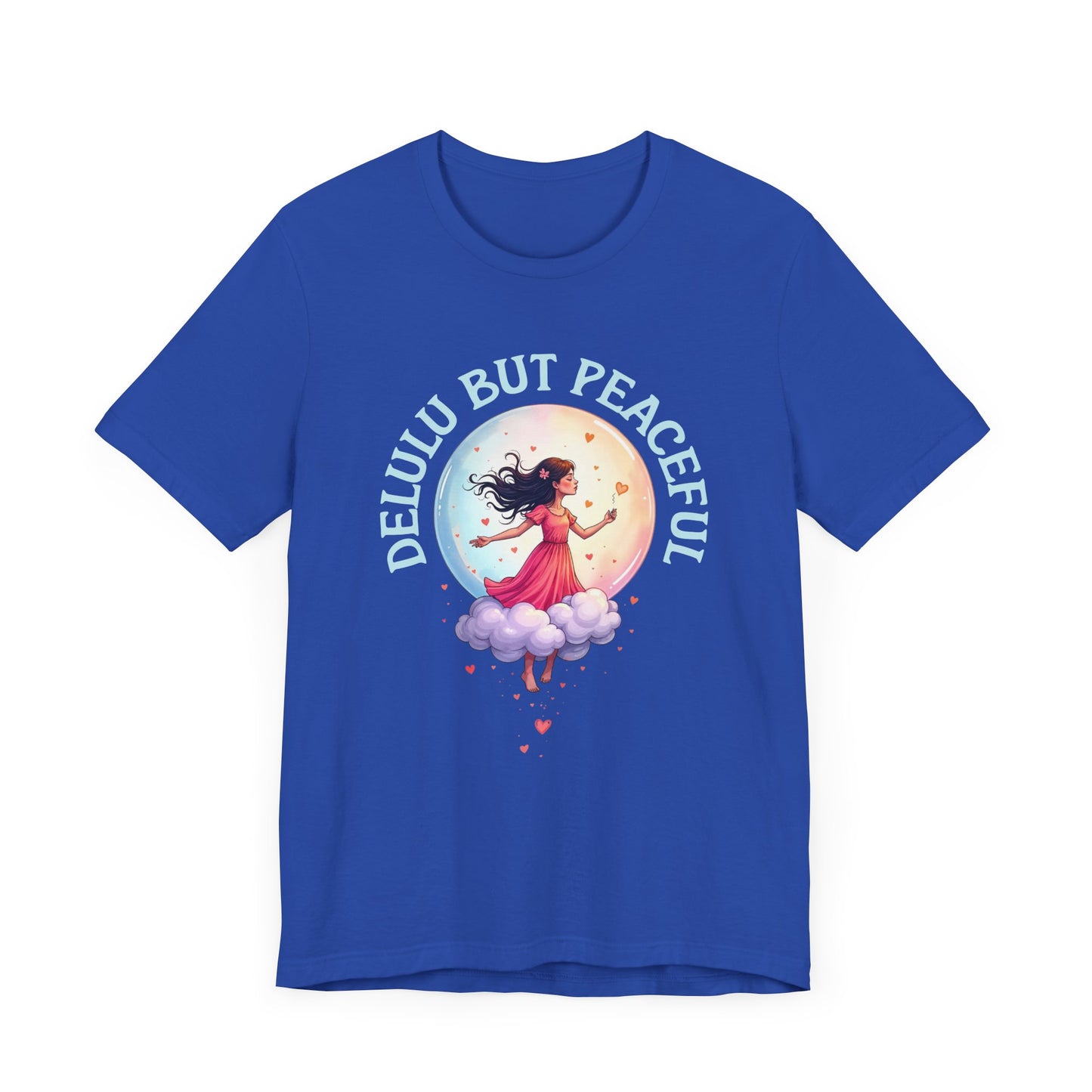 Delulu But Peaceful – Blissfully Unrealistic Floating Girl with Moon & Hearts Graphic T-Shirt