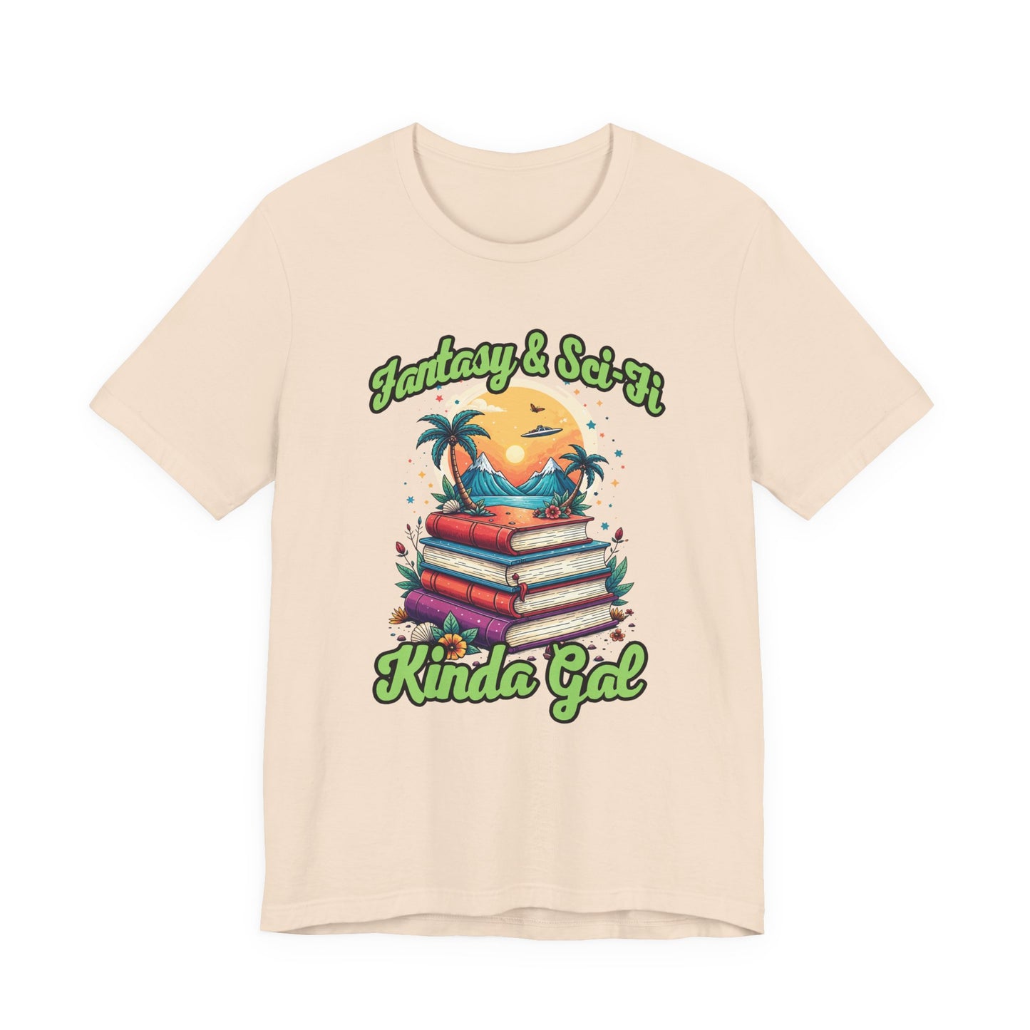 Fantasy And SciFi Kinda Gal Tshirt with Stacked Books with Flowers, Trees, Mountains and UFO
