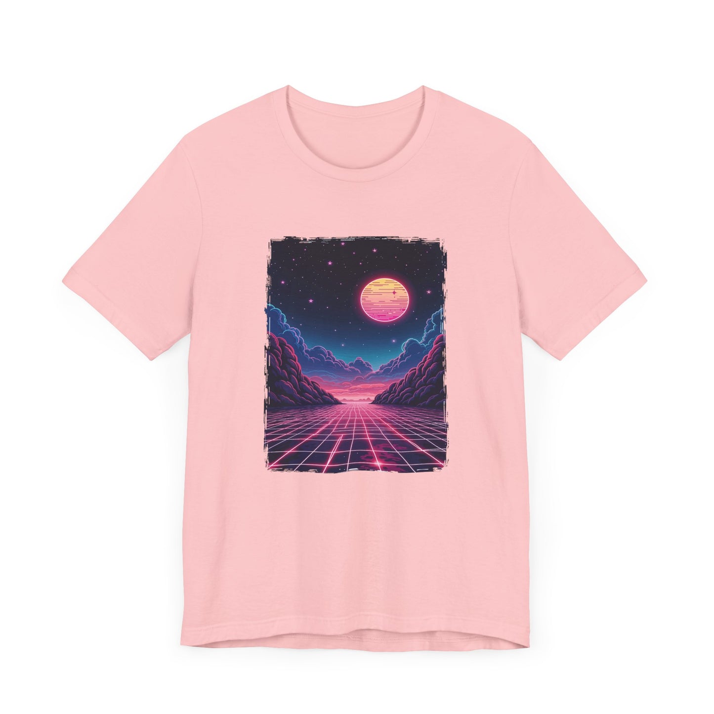 Neon Dream – Full Moon Night Waterfront with Mountains and Glowing Sky Graphic T-Shirt